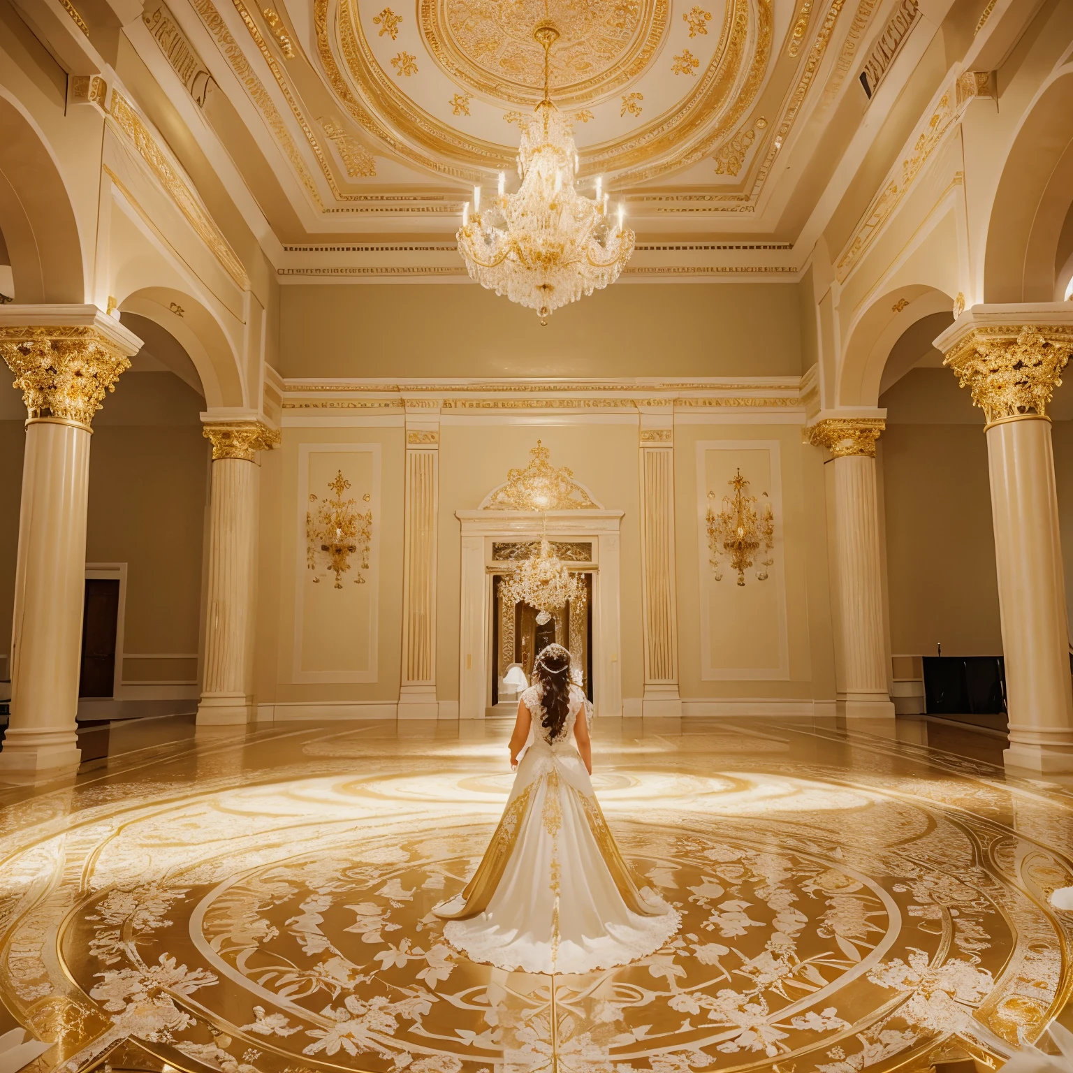 huge beautiful ball room, gold and white decorations, one girl standing in the middle of the room, white and gold puffy victorian wedding dress on, classy, chandelier on top of her, tall ceiling, fancy design on ceiling, beautiful floor, fancy floral design on floor, elegant