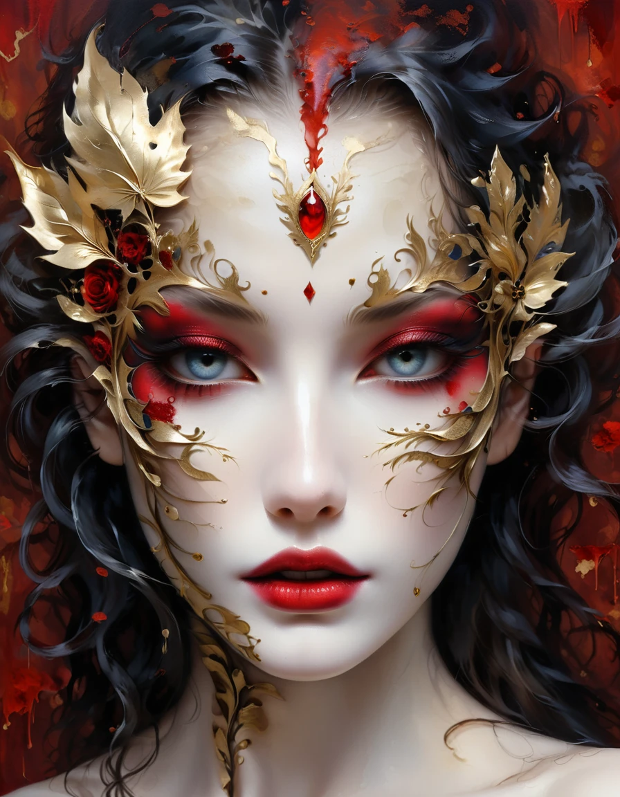 gold leaf art,mask,goth girl,Amazing eye details, Blood-red lips, flowing long hair, pale skin,