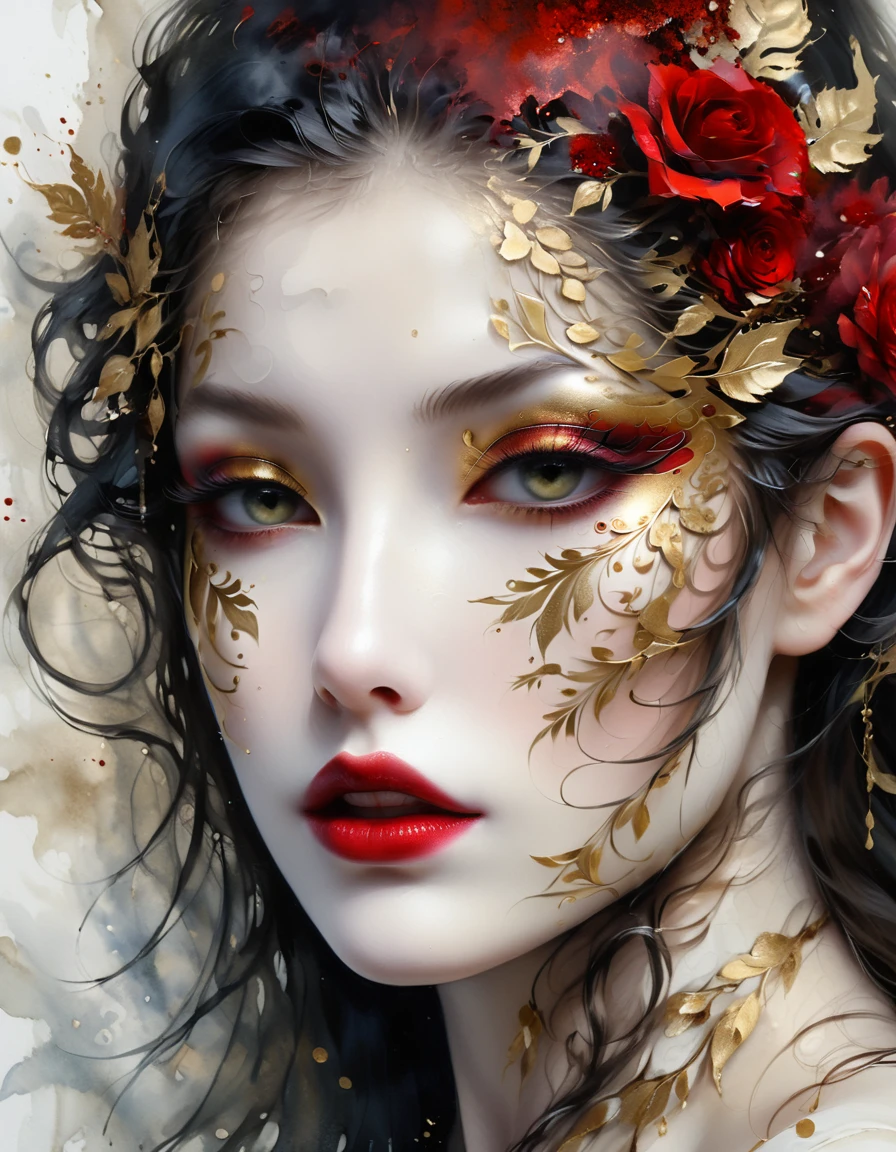 gold leaf art,mask,goth girl,Amazing eye details, Blood-red lips, flowing long hair, pale skin,