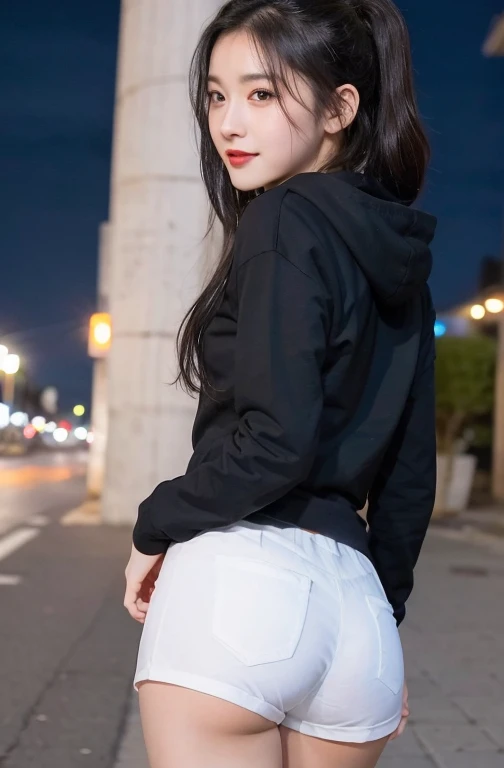 (8K), (highest quality: 1.2), (realistic), (realistic: 1.37), ultra high resolution, (1 girl, cute, smile, closed mouth, thick lips,red lip,beautiful details, beautiful nose, (straight black hair), Giant Dulcefo, self snap,(school uniform),(black hoodie),(White hot pants),Standing in the city at night, whole body,long legs,beautiful feet,From the back,(Super small ass:1.2),ponytail