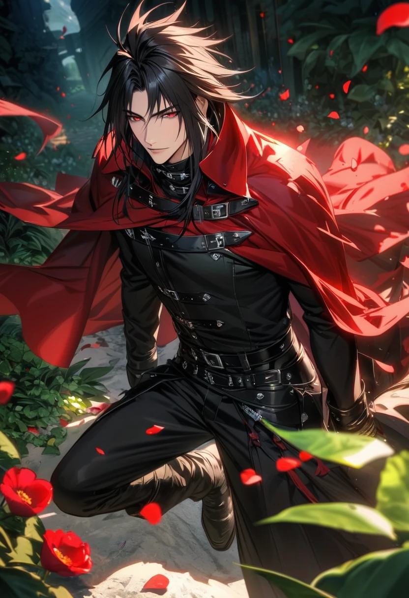 Ultra detailed, highres, absurdres, HDR, Vincent Valentine, black hair, red eyes, Final Fantasy VII Dirge Of Cerberus, extremely handsome, 1 man only, red cape, black leather clothes, flowers and petals, summer, green leaves,