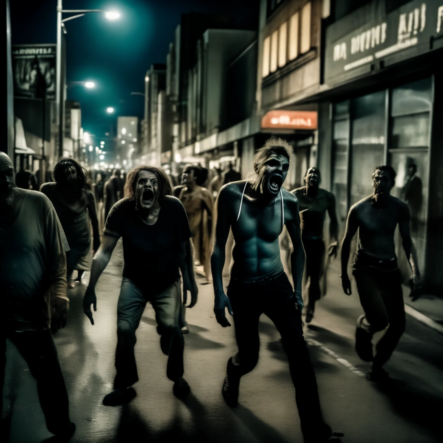 a lot of zombies, maneater, photography grotesque:1.3, night of city,