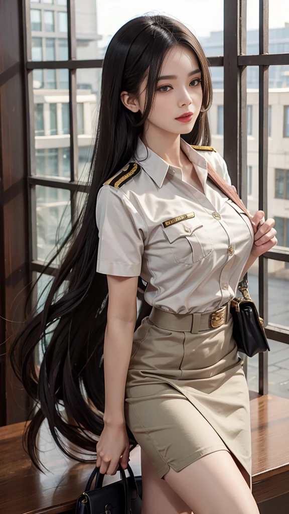 Khaki suit, khaki civil servant, Thai teacher uniform:1.3, Beautiful girl with extra long hair, Two meter long hair, Long hair that catches the eye, long black hair, Her hair is very long., Long, shiny hair, Long, thick, soft hair, Extra long hair, Dynamic posts, like full body, Short sleeve shirtสีกากี, short pencil skirtสีกากี, side cut, Decorated with military insignia., black high heels, The sexiest, small waist, hips raised, small thighs, Long legs, Huge breasts, Huge breasts:1.5, big breast, Very big breasts, Eye-catching breasts, A gigantic rift, Not completely covered, big breast, Huge breast, Big tits D, สาวTwo meter long hair, Beautiful face, red lips, Very shiny, แต่งBeautiful face, Military rank insignia, short pencil skirt, tight, ultra short skirt, very short skirt, Wear a miniskirt., Short sleeve shirt, tight fitting, in the background, blurred garden., seductive gesture, The hand held the collar open.