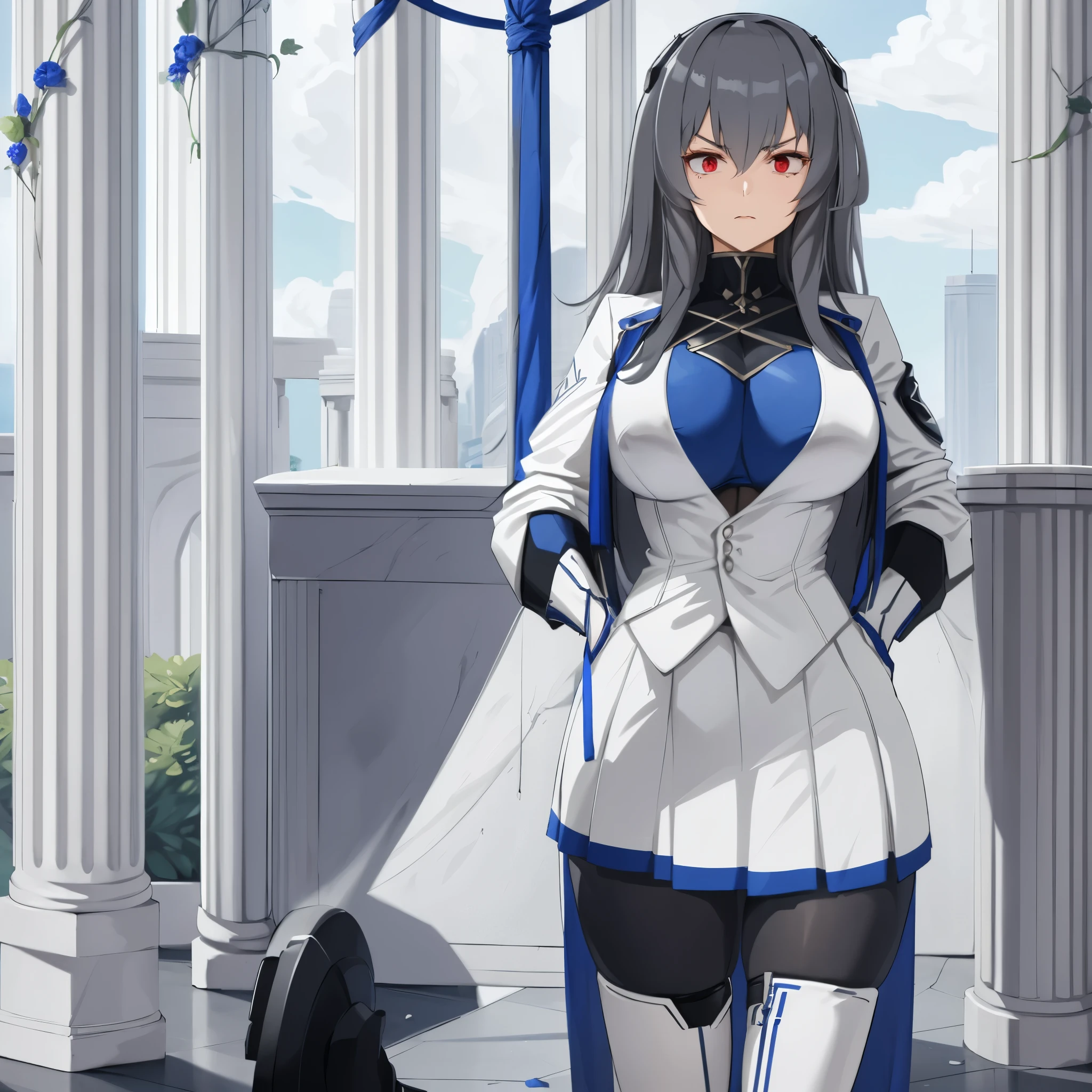 A woman wearing a blue and white coat, tight black suit, gloves, long gray hair, white skirt with blue details, long gray stockings, red eyes, serious face, on a platform with white pillars, large breasts, boots , HDR, ultra resolution, sharp, masterpiece, 8K HD, (just a girl, solo)
