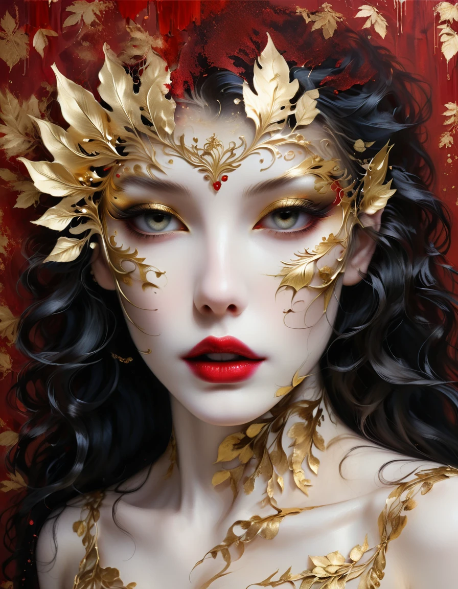 gold leaf art,Gold Foil Mask,goth girl,Amazing eye details, Blood-red lips, flowing long hair, pale skin,