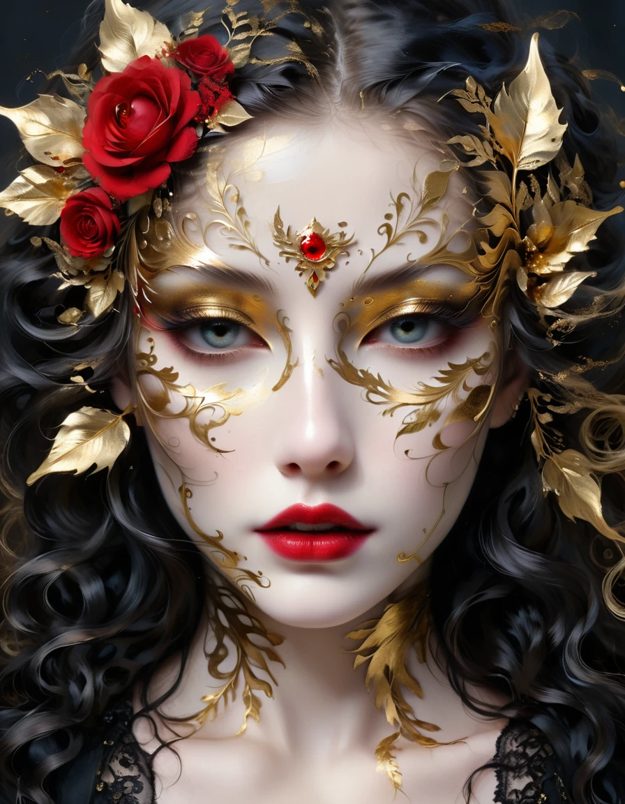 gold leaf art，Gold Foil Mask，goth girl，Amazing eye details, Blood-red lips, flowing long hair, pale skin,