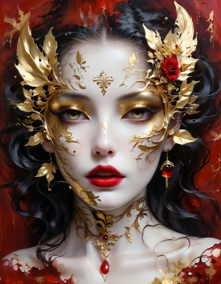 gold leaf art,Gold Foil Mask,goth girl,Amazing eye details, Blood-red lips, flowing long hair, pale skin,