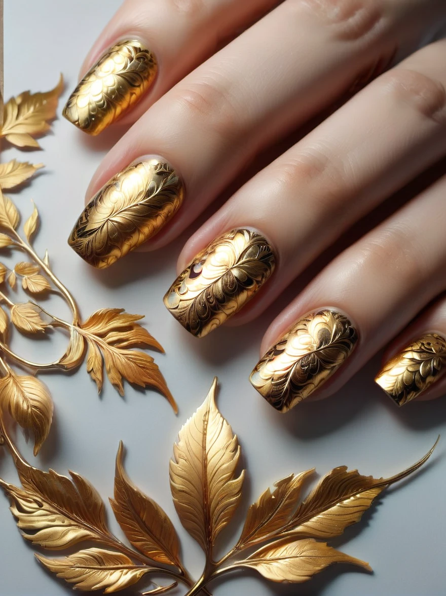 (Gold Leaf Art:1.5), (Long nails painted with gold art:1.5)，(Manicure)，Manicure设计的近距离描绘展示了复杂的金泊蝴蝶图案，Soft gold tones，exquisite details，Complexity，Sophistication，lifelike，Its artistry is similar to logos associated with premium brands，暗示着魅力和美丽世界中普遍存在的精湛工艺和Complexity，这种视角让观众可以近距离观察Manicure艺术的微型世界，Emphasizing the dexterity of artisans and the overall charm of the beauty industry。