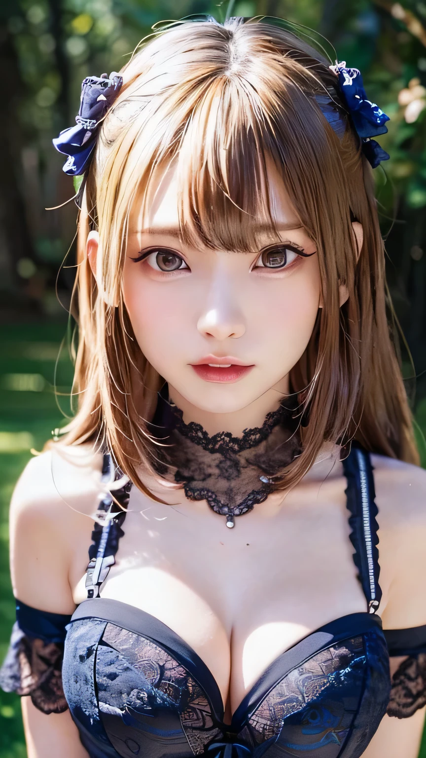 (thin eyebrows)、(((((closed mouth)))))、((Very strong sunlight))、((((beautiful silver hair))))、((small head))、(beautiful silver hair with short wavy:1.2)、full body shot、(((8K, Raw photo)))、 (((The face is the same as the cosplayer))),(Photographed from above in High resolution 8K)、(very delicate and beautiful)、(masterpiece)、(highest quality:1.0)、(超A high resolution:1.0)、realistic shadow、[High resolution]、 fine skin、Super detailed、(beautiful hair)、Photoreal、lifelike face、big breasts thin waist、realistic eyes、small eyes、looking at camera、(((between the breasts)))、(eyeliner)、(mascara)、 Lips with pink lips、((Looks very happy))、show your shoulders、Complex patterns and transparent materials、Artistic depiction of an attractive woman, Accentuates an attractive silhouette。The scene was、、bask in the hot sun、Makes you feel the delicate beauty and charm of nature。(((intricate details))、advanced details、choker、NSFW,((highest quality、8K、masterpiece:1.3))、sharp focus:1.2、 (((Enamelled purple and silver corset)))、