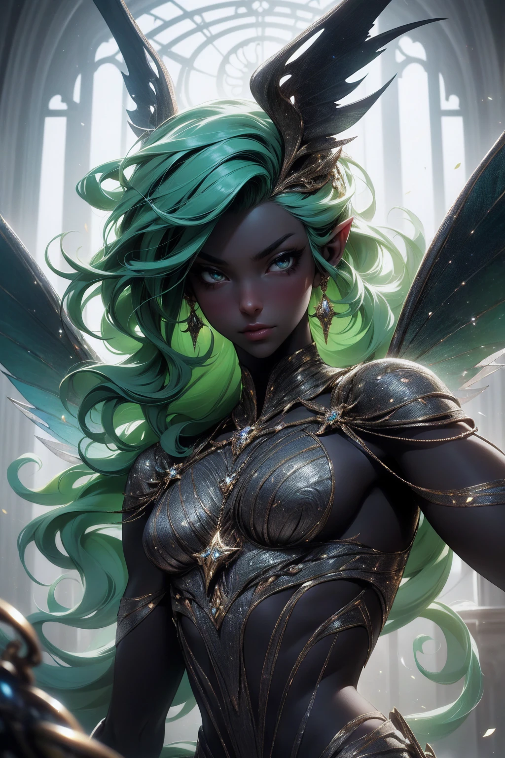(Absurd, high quality, ultra -compared, careful with the hand) fairy, fairy wings, dreamer body, vivid, romantic and all. Optimistic face, just lies, without entry and intellectual. Reckless style, cold heart, impatient and too confident. Gray eyes, ripe and dark (eyes of the eyes), enchanted fairy (pixie) . medium curly hair, green hair. In the carnival row illustration, flying, dancing lithgly, upper body, black skin (black skin)