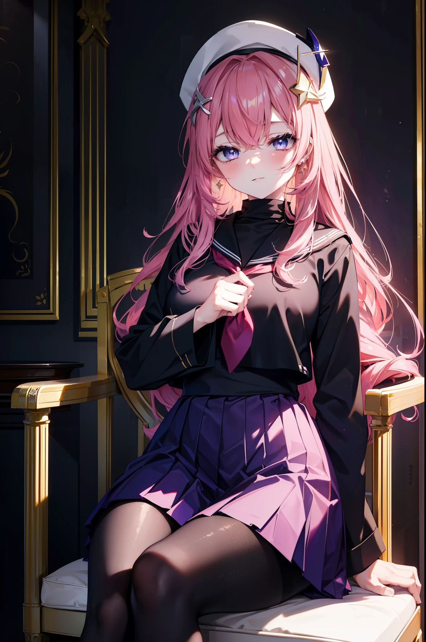 Laxclin, Klein Lake, (purple eyes:1.1), hair ornaments, long hair, wave hair ornaments, pink hair, happy smile, smile, open your mouth,Black Sailor Suit,Black pleated skirt,Black pantyhose,brown loafers,sitting cross-legged on a chair,Looking at the viewer from below, (cowboy shot:1.5),
break outdoors, Destroy the classroom (masterpiece:1.2), highest quality, High resolution, unity 8k wallpaper, (figure:0.8), (detailed and beautiful eyes:1.6), highly detailed face, perfect lighting, Very detailed CG, (perfect hands, perfect anatomy),