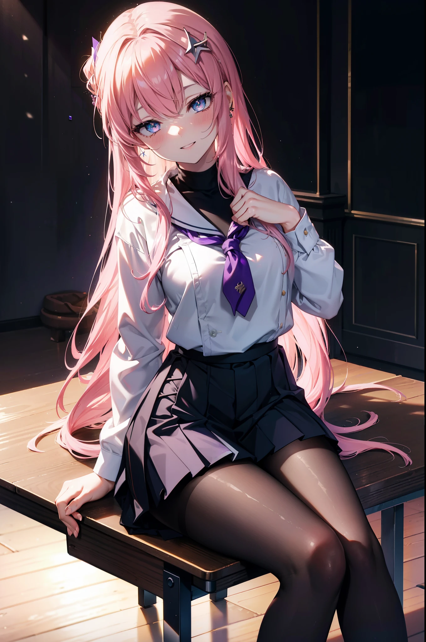 Laxclin, Klein Lake, (purple eyes:1.1), hair ornaments, long hair, wave hair ornaments, pink hair, happy smile, smile, open your mouth,Black Sailor Suit,Black pleated skirt,Black pantyhose,brown loafers,sitting cross-legged on a chair,Looking at the viewer from below, (cowboy shot:1.5),
break outdoors, Destroy the classroom (masterpiece:1.2), highest quality, High resolution, unity 8k wallpaper, (figure:0.8), (detailed and beautiful eyes:1.6), highly detailed face, perfect lighting, Very detailed CG, (perfect hands, perfect anatomy),