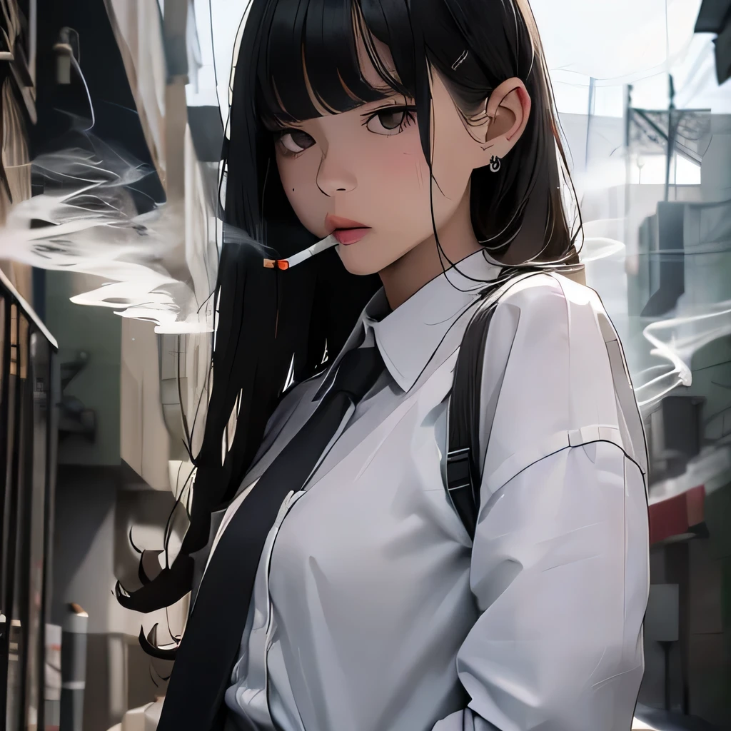 Student, uniform, smoking, white shirt, tie, rebel, slim, backpack, a lot of smoke, flat, black skirt, pretty face, beautiful, long hair, face focus, half closed eyes, relaxed, pale, asian eyes, straight hair, asian, puffy lips, lipgloss, pouty lips
