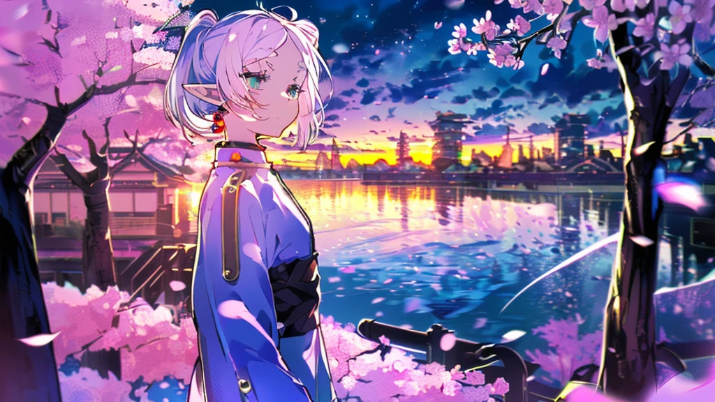 ((highest quality, super detailed woman:1.3)),(White hair,elfs ears,green eyes,shining eyes,small,small Rounded eyebrows ,long twin tail:1.2),(landscape photography:1.2), (highly detailed background:1.2),(ennui, look up, cherry blossoms, cherry blossom,standing, midnight, moon:1.3),(1 girl,Solo:1.3),from side