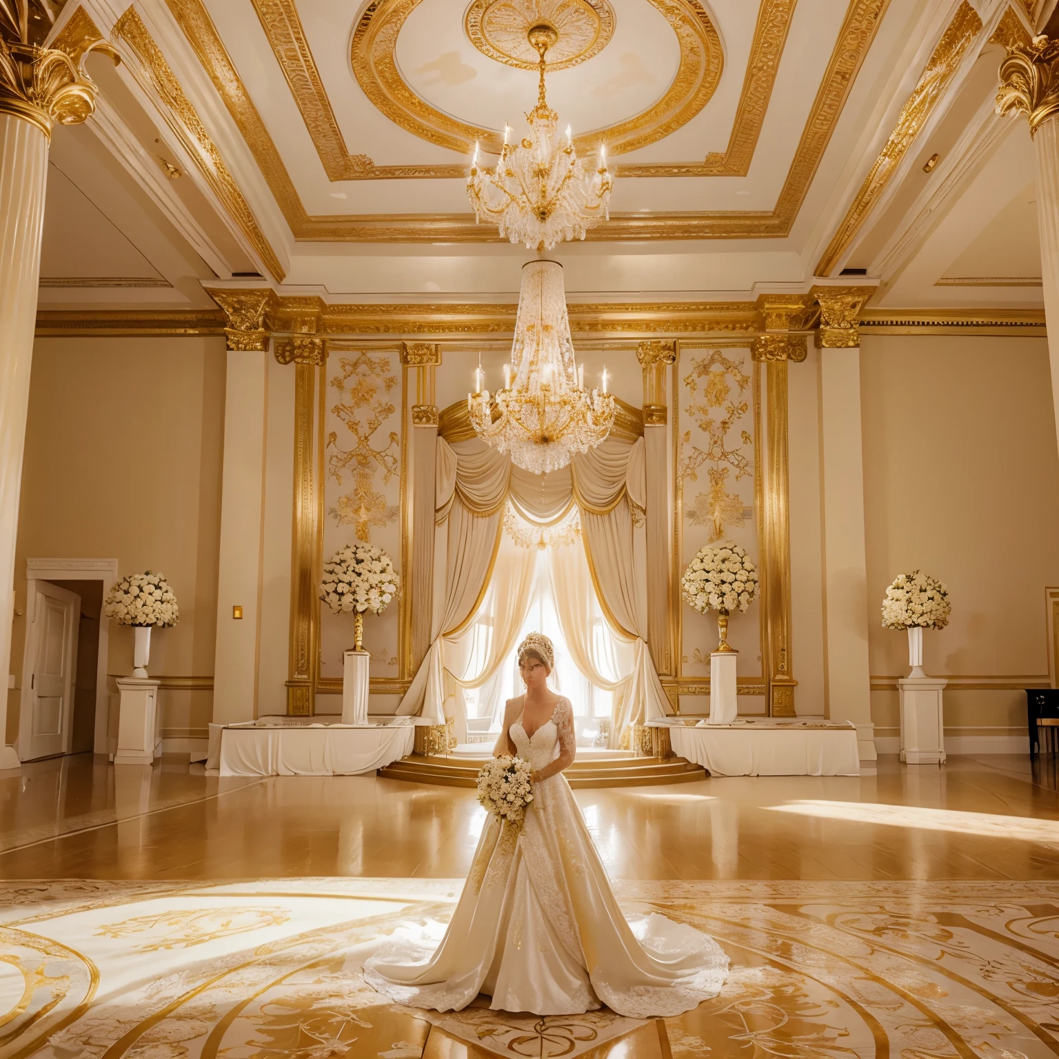 "A stunning, tall woman with long, flowing blonde hair, wearing elegant, black elegant dress that glimmers subtly in the light.  She is entering an opulent, high-end restaurant with a grand, warmly lit entrance. The scene is from behind, capturing the elegance of her movement as she approaches the large, ornate doors. The restaurant's modern and luxurious details, like white and gold accents, marble floors, and chandeliers, add to the ambiance, creating a sophisticated and glamorous atmosphere.  super real photo, like regular person