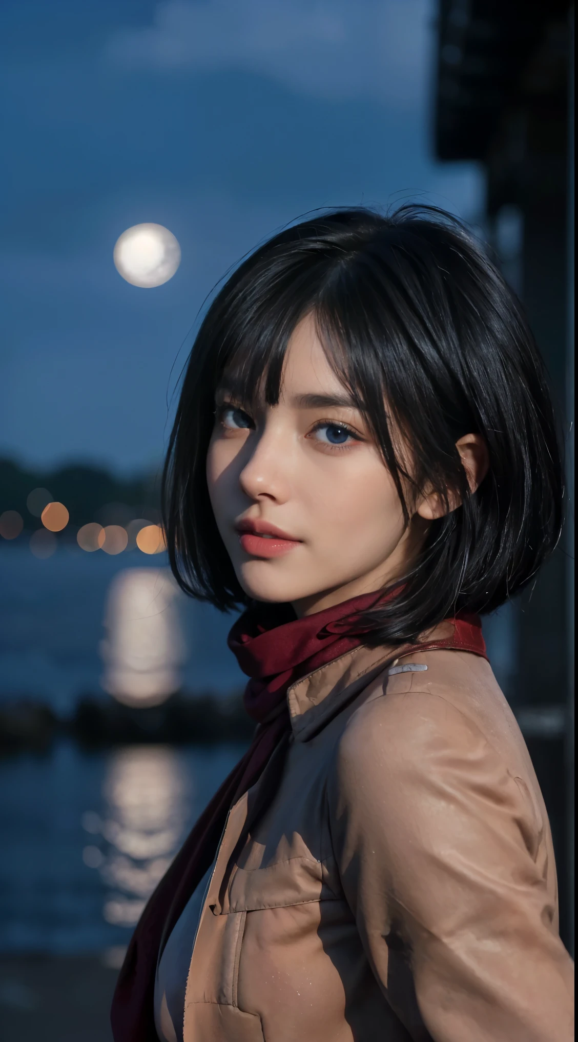 8K, top quality, 复杂的detail, 超detail, ultra high resolution, masterpiece, Random angle, Mikasa Ackerman,   thin and long, Smile, (cosmetic: 0.4), (毛茸茸的blue eyes: 1.21), blue eyes,, ((whole body)), 1 girl, alone, 1 girl, (( whole body)),  close-up,  , , ((High)), (((toned body))), (((face slimming))), Pointed face, sharp vision, (((black hair,  short hair, Bangs ))  ,(detailed face), Pointed face, small lips, thin lips, 
 ((red scarf, thigh strap,  brown jacket)),  detailed face, detailed breast, , Big breasts, detail, , beautiful girl，Have slender abdominal muscles: 1.4, Six-pack: 1.4, Bust Botox, big deal, Perfect body, detail leg, (( moonlight)), ocean