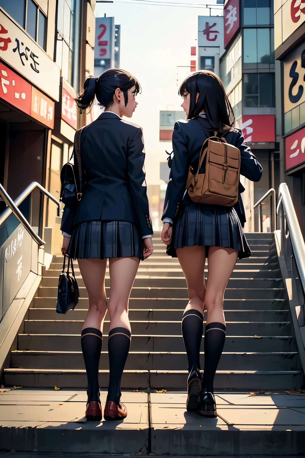 View from below, from behind,​ low angles:1.4, station, (train station stairs), 4girls, multiple girls, (back of head:1.4), (school uniform), (dark blue blazers), ((pleated skirts:1.2)), (high socks), (loafers), ((Perfect erotic panties)), thong, ((Showing panties)), beautiful thigh, Large crowds, Walking, masterpiece, best quality, highly detailed, End of summer, after school, White T-back, ass