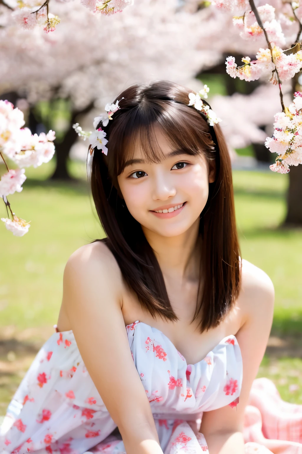 A 20-year-old woman with the cute face of an idol who looks .。Gentle and cute。Please smile kindly。She is completely naked、The bust is a little large　Sitting on a picnic sheet in a park with beautiful cherry blossoms　Raw photo　real　genuine　real life　No copyright notice