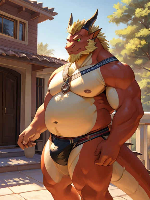 Dragon, male, blond beard, green eyes, very big and round fat belly, obese,big chest, tight and fitting jockstrap, sexy gaze, alone, standing,house terrace, high-quality 4k resolution, ultra-detailed, realistic:1.37, oil painting, vivid colors, warm color tone, soft and warm lighting.