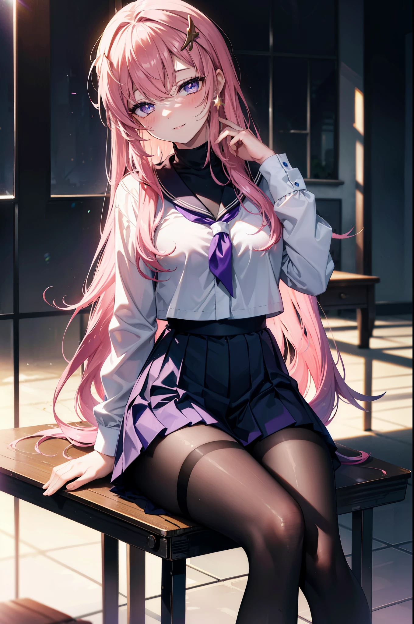 Laxclin, Klein Lake, (purple eyes:1.1), hair ornaments, long hair, wave hair ornaments, pink hair, happy smile, smile, open your mouth,Black Sailor Suit,Black pleated skirt,Black pantyhose,brown loafers,sitting cross-legged on a chair,Peeking from below,window rain,
壊す looking at viewer, (cowboy shot:1.5),
break outdoors, Destroy the classroom (masterpiece:1.2), highest quality, High resolution, unity 8k wallpaper, (figure:0.8), (detailed and beautiful eyes:1.6), highly detailed face, perfect lighting, Very detailed CG, (perfect hands, perfect anatomy),