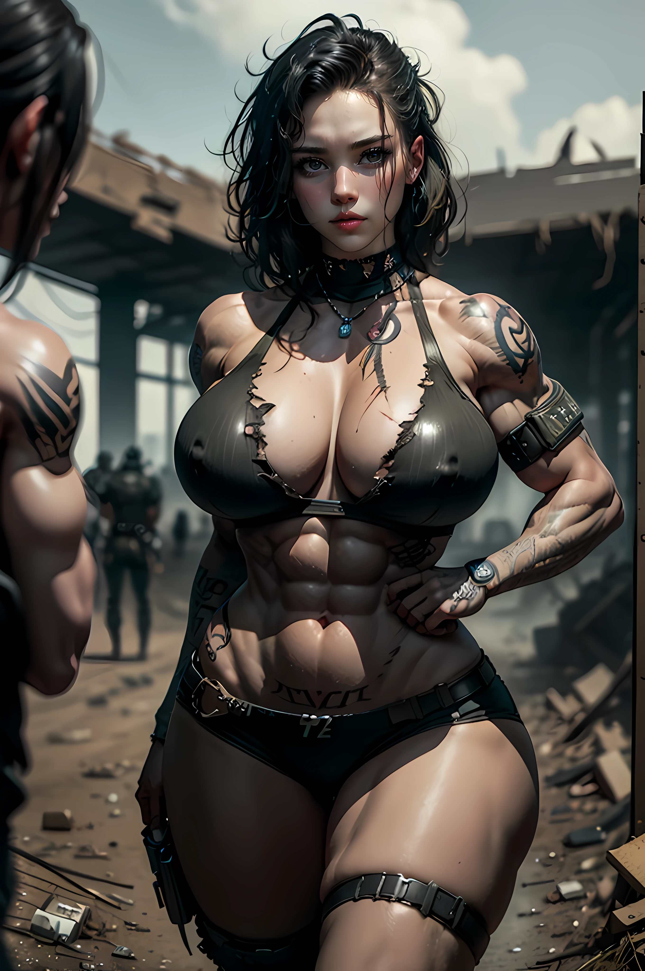 (((tattoos))), (((Gigant Female Bodybuilder))), ((huge muscular ass)), (wide hips), (slim waist), ((wide shoulders)), ((((Huge breasts)))), (((european face, ultra-large square jaw line ))), woman walking with determination, torn post-apocalyptic military ripped uniform, combat jacket with ripped holes, combat-pants with ripped holes, (wearing weapons and explosives), heavy intense makeup, Futuristic sci-fi post-apocalyptic world, beautiful female evil creatures, madmax movie ,brutal violent dark cyberpunk dramatic background, (((photorealistic cinematic unreal engine))),
