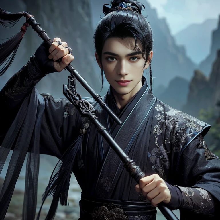 (Best Quality:1.2), (high resolution:1.2), (beautiful face and eye:1.2), (sharpest focus:1.2), (Ultra-realistic Photo:1.2), (Ultra-precise Photo:1.2), (Depth of field:1.2), (8k high resolution:1.2), (perfect anatomy:1.2), (nice hands:1.5),
(perfect hands:1.5), (Very young and neutral and beautiful Chinese man:1.5), (One iron whistle in each hand and wielded like a weapon:1.5), (A heroic stance:1.3), (A beautiful nobleman:1.0),
(A shiny black hermit-like garment with fancy embroidery:1.0), (Fearless smile:1.3), (A secluded hermit-like place deep in the mountains of China:1.0), (Mysterious fairyland:1.2), (Looking up angle:1.0),