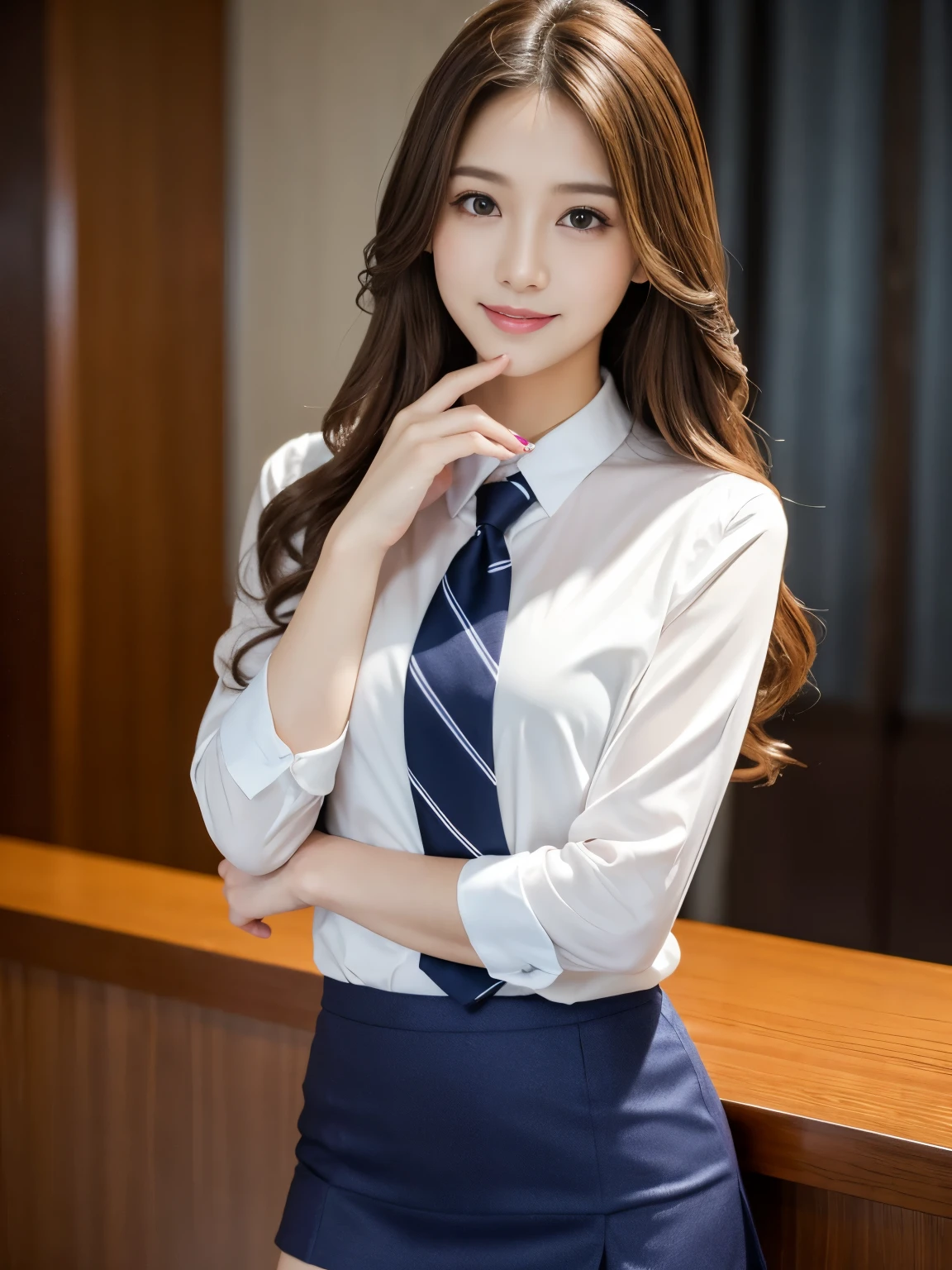 modest breasts, navy blue tie, navy blue skirt, light blue shirt, gravure idol, waterside, wet, smile