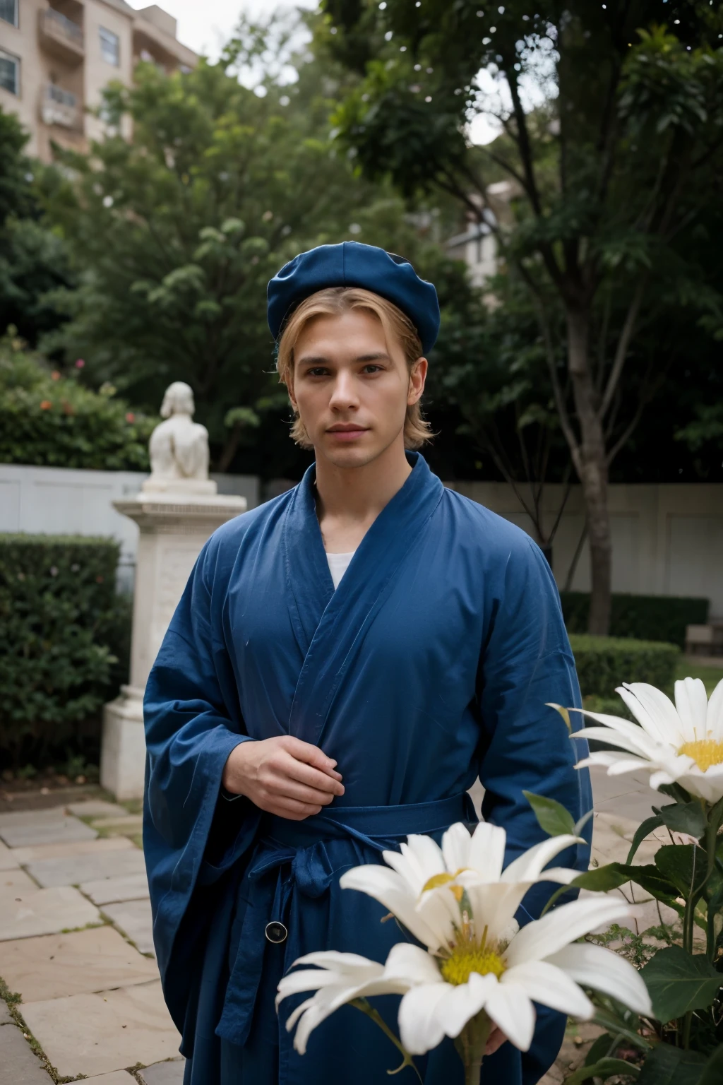 tall man in blue robe with white crescents, He was blonde and a big flower came out of his pointed cap. . su poder era el de volar