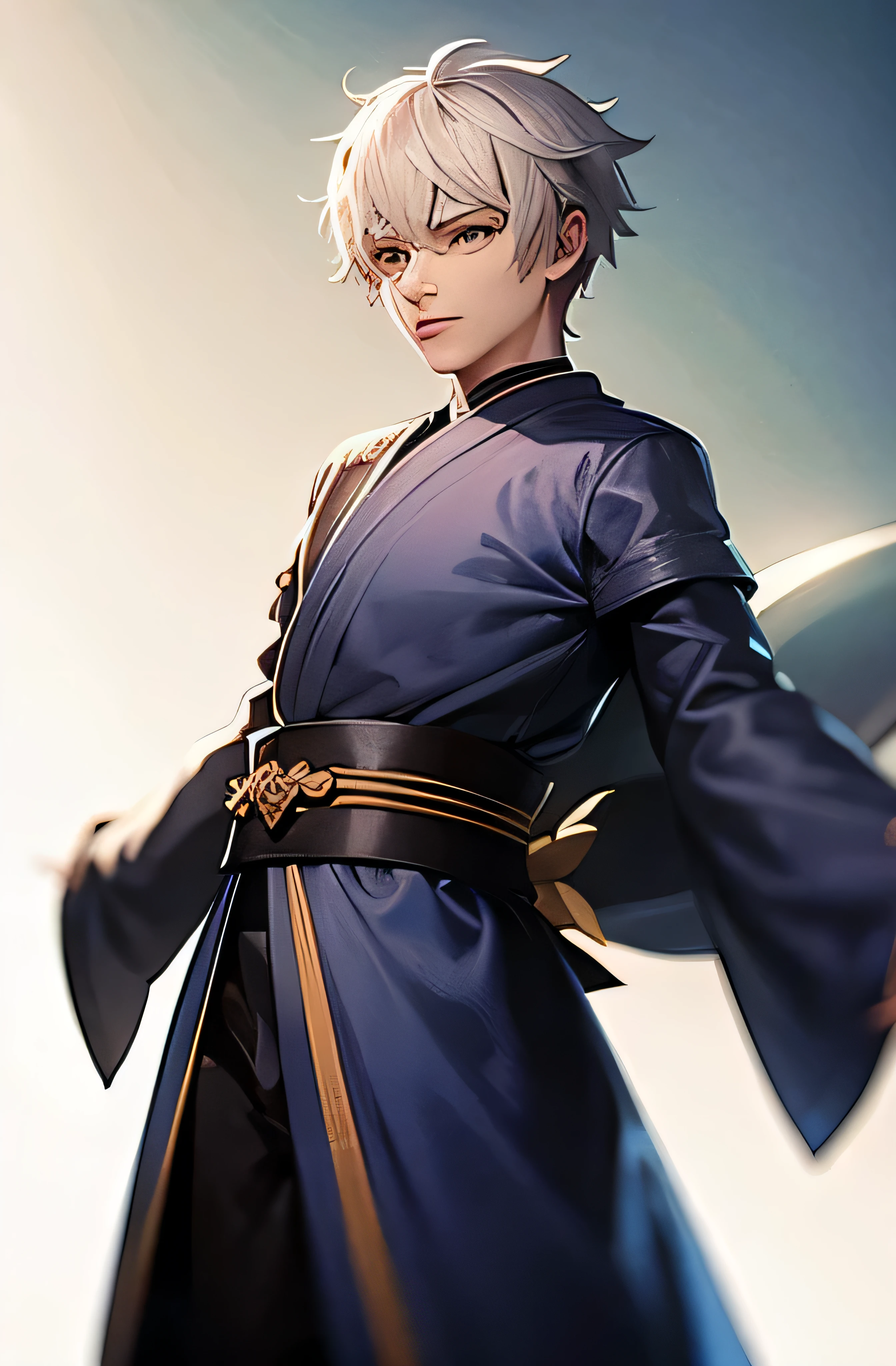 Triton Adult man blue skin, medium white hair, shark tail on the back, olhos negros, vestido kimono japones , Mar profundo, 2D, Art in a piece, anime 4k, contorno perfeito