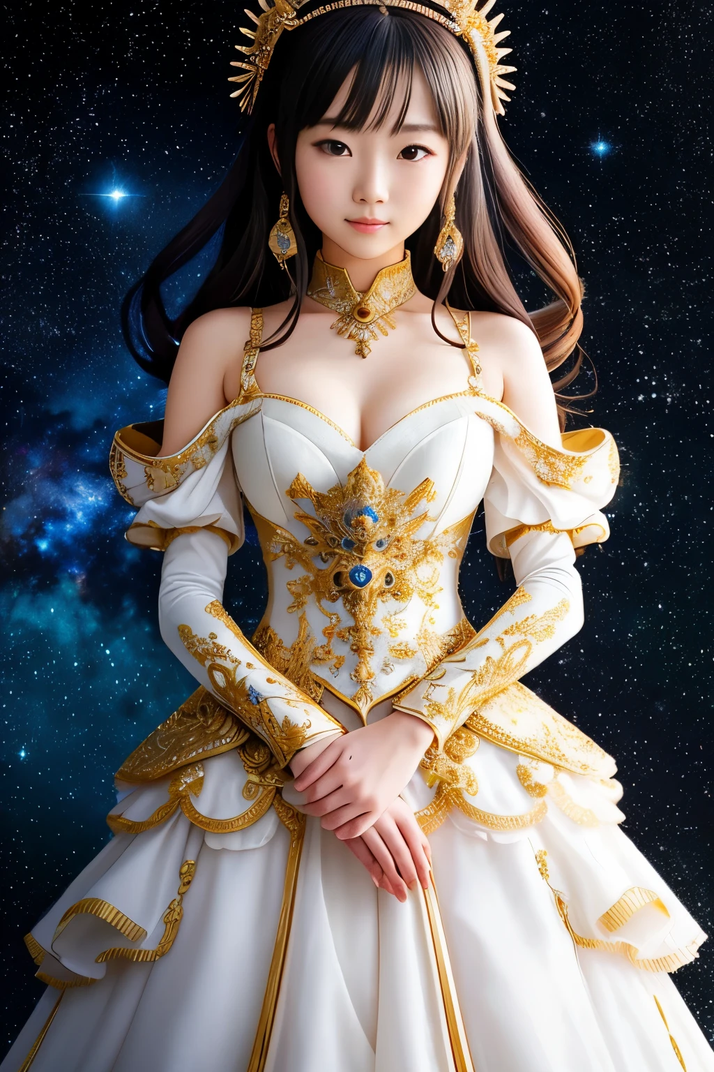 Cute anime Empress. masterpiece, best quality, (Anime:1.4), Milky Way galaxy, swirling arms, beautifully decorated with intricate details. kitbash, tadao ando minimalistic brutalist masterpiece neri & hu archviz, real image, magazine shoot, subtle smiling, Canon EOS R5 effect, soft lighting, warm tones, depth of field effect,