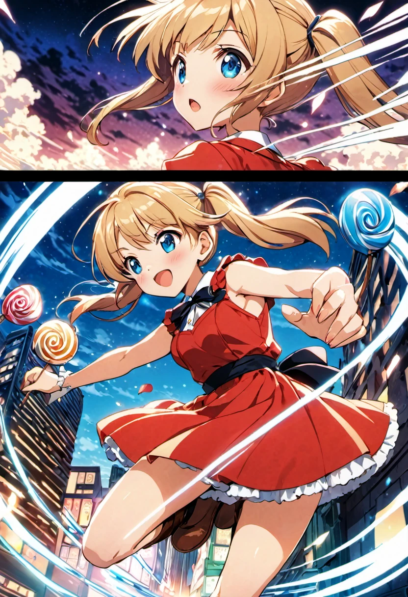 magical motion blur. (best quality, highres, ultra sharp), (motion blur:1.2), Candy Candy\' by Toei Animation, detailed art style, vintage aesthetic, emotional melodrama, inspired by Keiko Nagita and Yumiko Igarashi's original manga, Motion Blur, city night, Blonde, twintails, boots, red dress, ribbon, blue eyes, magical sky, stars, clouds, Motion Blur landscape, motion blur and motion blur, comic, vignettes