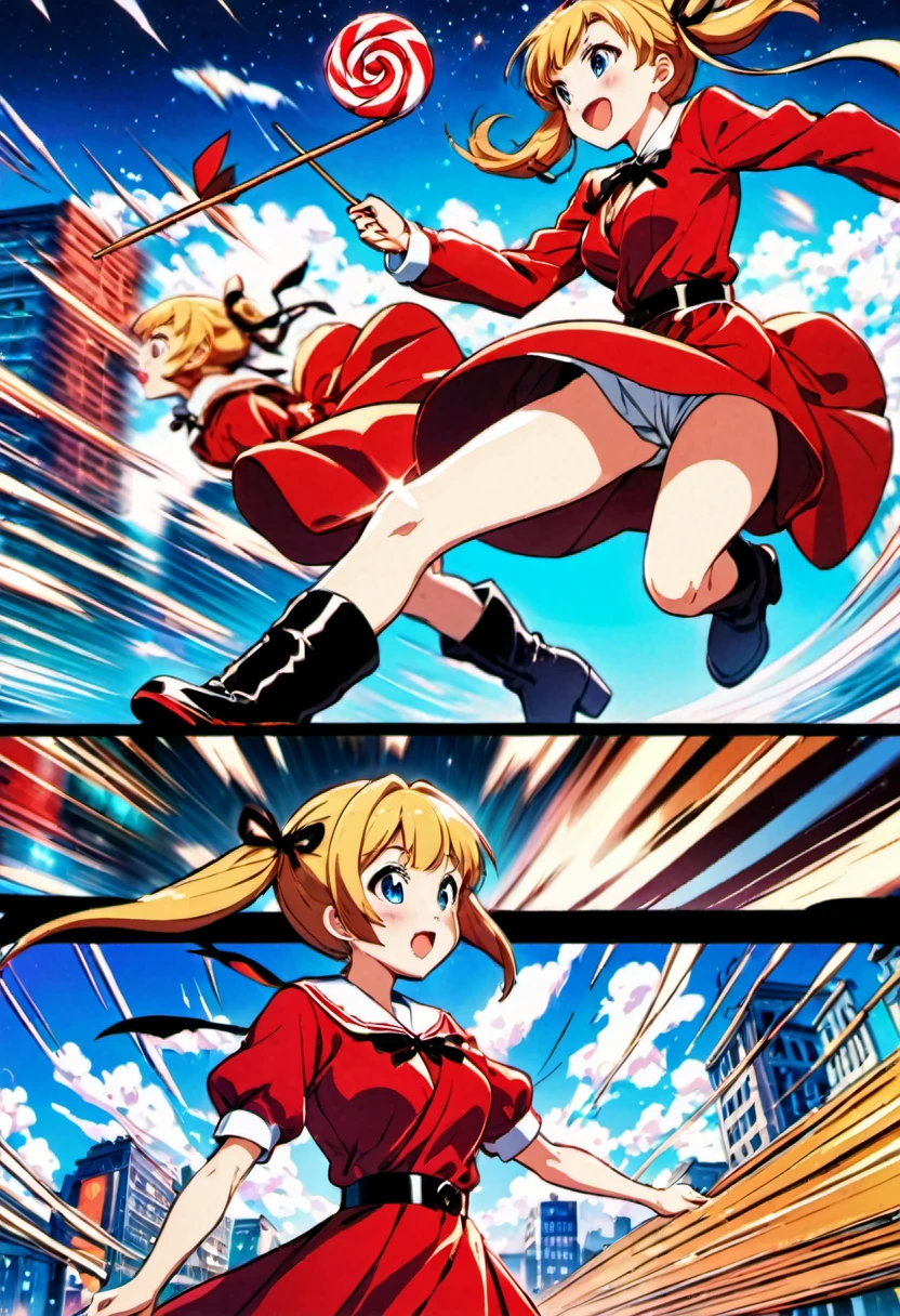 magical motion blur. (best quality, highres, ultra sharp), (motion blur:1.2), Candy Candy\' by Toei Animation, detailed art style, vintage aesthetic, emotional melodrama, inspired by Keiko Nagita and Yumiko Igarashi's original manga, Motion Blur, city night, Blonde, twintails, boots, red dress, ribbon, blue eyes, magical sky, stars, clouds, Motion Blur landscape, motion blur and motion blur, comic, vignettes