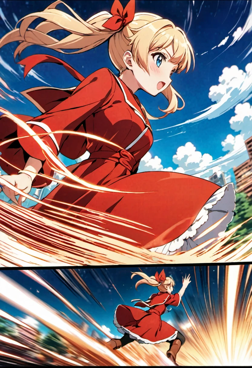 magical motion blur. (best quality, highres, ultra sharp), (motion blur:1.2), Candy Candy\' by Toei Animation, detailed art style, vintage aesthetic, emotional melodrama, inspired by Keiko Nagita and Yumiko Igarashi's original manga, Motion Blur, city night, Blonde, twintails, boots, red dress, ribbon, blue eyes, magical sky, stars, clouds, Motion Blur landscape, motion blur and motion blur, comic, vignettes