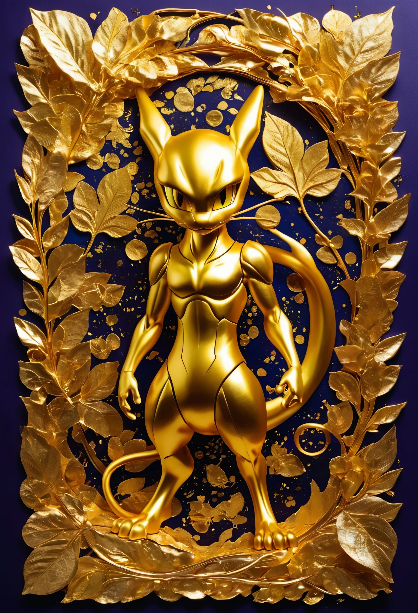 (Gold Leaf Art,cute Mewtwo made of Gold Leaf:1.5),Concept Design,negative space,golden ratio,Compared,clear,HD,reality,2D,flat