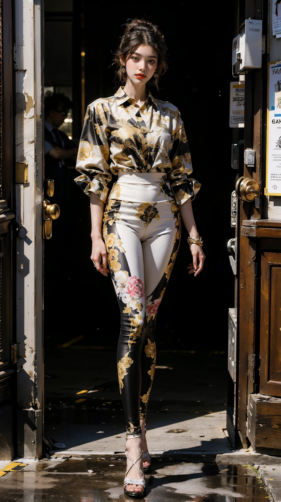 (best quality,4k,8k,highres,masterpiece:1.2), ultra-detailed,(realistic,photorealistic,photo-realistic:1.37), 1 female, age 25, Chinese Hong Kong, Hong Kong Elite, eldest sister, triad female leader, Known for her impeccable fashion sense and elegant demeanor, she is a true embodiment of the Versace brand. Her body language is as captivating as her style, always exuding confidence and high fashion. (((She's wearing an exquisite Versace Barocco-print Shirt in Silk and Barocco-print leggings gold-tone/white/black, a true testament to the brand's luxurious aesthetic.))) Paired with Versace Medusa Tribute Sandals, she carries her ensemble with an air of effortless sophistication. Her accessories include a Versace Medusa Tribute Bag and a pair of Versace Tribute Sunglasses, enhancing her overall look. ((intricate detail)), super finely detailed hands, ultra finely detailed fingers(((ten fingers))), (standing still with confidently), (full body showcase), (show full body), (no logos on background), (no logo).