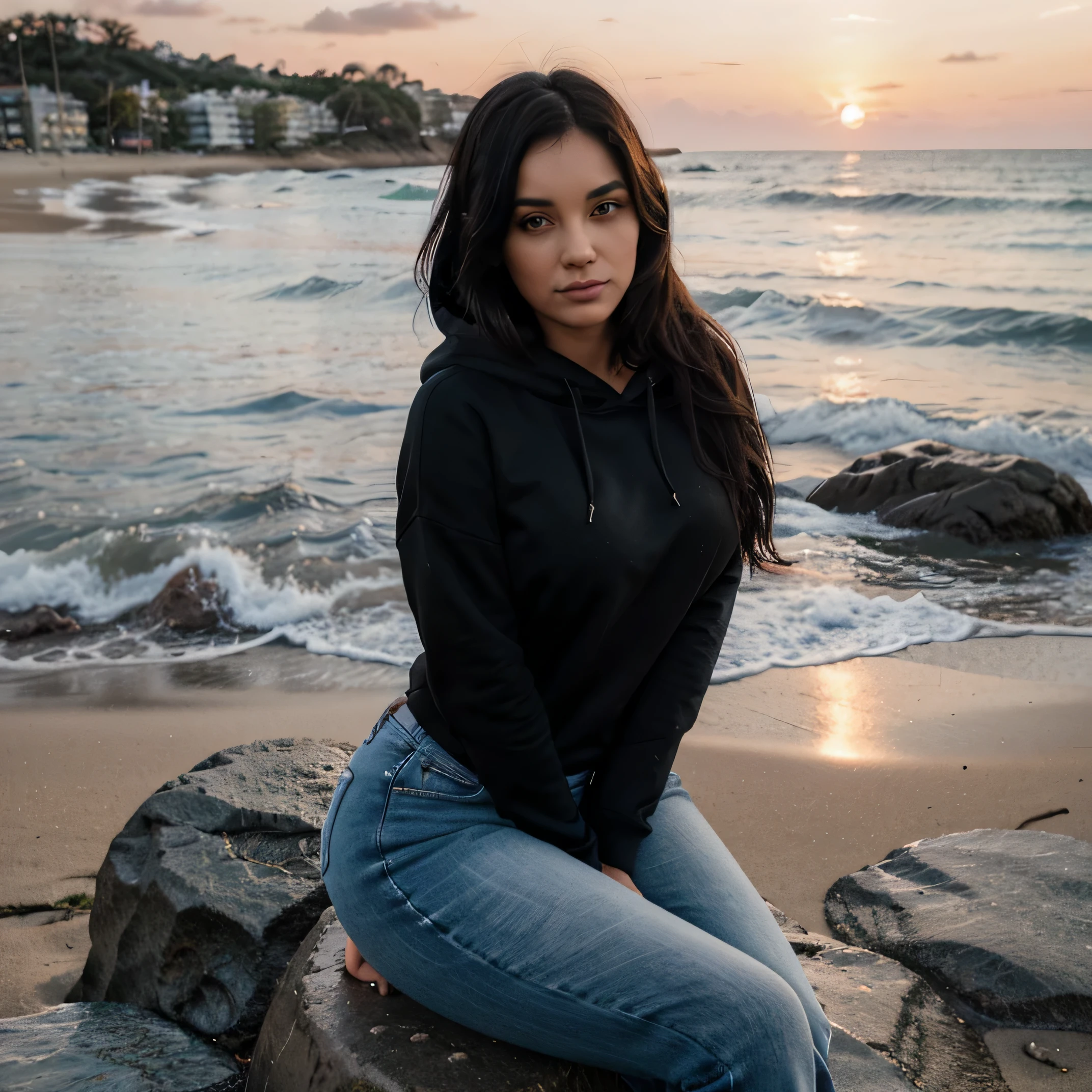 woman, 30 years old, black hair, sitting on a rock, black sweatshirt with hood, tight jeans, medium bust, wide hips, looking at camera, looking at viewer, on the beach, sunset background