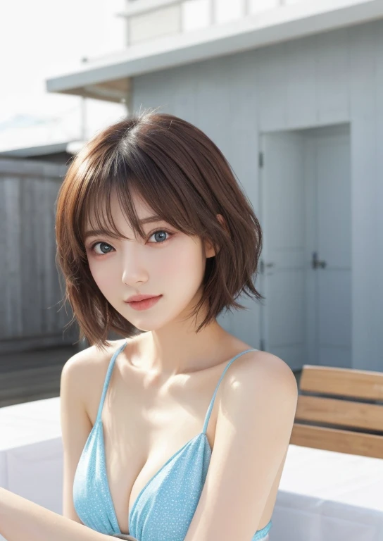 highest quality、High resolution、table top、picture、wallpaper、realistic、bright lighting、professional lighting、face light、smooth lighting、japanese women、25 year old woman、beautiful sister、adult beauty、beautiful girl、、modeled、Idol、super beautiful、beautiful skin、beautiful and detailed eyes、beautiful and detailed eyes、detailed face、slim、Medium to large chest hair、short medium hair、brunette colored hair、swimwear、looking at the camera

