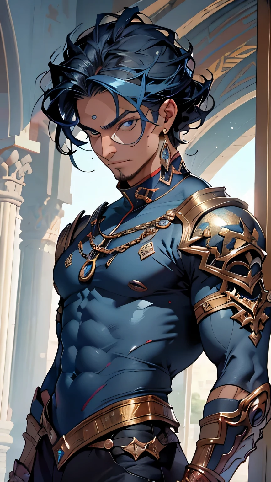 Arab genius,(male:1.5), muscle, 1 chico, big muscle, pectoral, big pectoral, muscular, hombre maduro,45 year old man,adulto,1 hombre, viejo macho,Cuerpo perfecto,an extremely delicate and beautiful cara detallada, (((blue_eyes:1.3))),intrincado eyes,hermosos ojos detallados,symmetrical eyes,cabello corto,pelo negro muy corto moderno,cabello de genio,cara perfecta, proporciones perfectas, ((cara detallada)),musculaturaabdominales,(Barba Azul:1.5)
(((piel azul:1.5,cuerpo azul:1.5,cara azul;1.5))),
sonrisa,ojos expresivos,
(ultra detallado:1.3), hermoso brillo detallado, finamente detallado, ultra detallado,
((pintura de guerra azul cuerpo)),usando turbante:1.2,vistiendo un dhoti de seda azul, sedas envueltas alrededor de su torso, slight sonrisa, voluminoso, sinewy muscles,((bulto en los pantalones)),(((intrincado outfit,intrincado clothes,traje adornado))),
(dynamic pose:1.0),avergonzado,(centrado,escala para ajustarse a las dimensiones,regla de los tercios),
adentro,interior,((room in a palace in Arabia)),escenario:1.25,((intrincado escenario)),((decoraciones de invierno)),Christmas tree,
(Adornos de invierno brillantes),high resolution,sharp focus,(ultra detallado,Extremadamente detallado),(obra de arte fotorrealista:1.37),(Extremadamente detallado CG unity 8k wallpaper),(((colores vibrantes,tema vibrante))),(intrincado),(obra maestra),(Mejor calidad),