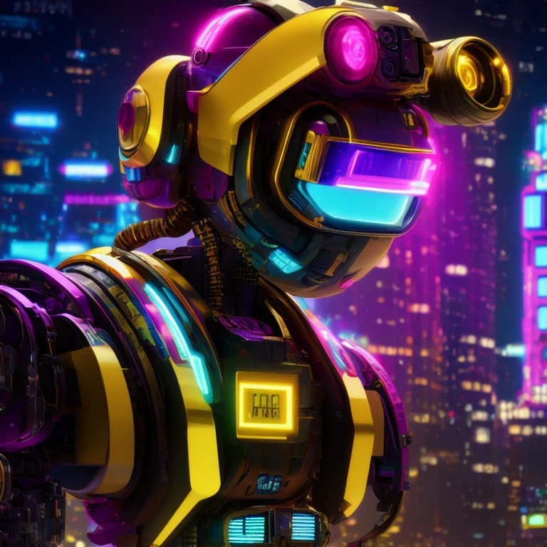 （（（Side view）））side close-up，a close up of a robot with a glowing head and a purple background, cyber mech, in style of beeple, cyberpunk pikachu, style hybrid mix of beeple, 3 d render beeple, cute elaborate epic robot, beeple masterpiece, cyberpunk art style, yellow mech, beeple!!, cyber steampunk 8 k 3 d（（（future）））（Telephoto angle of view）（Tilt-Shift）