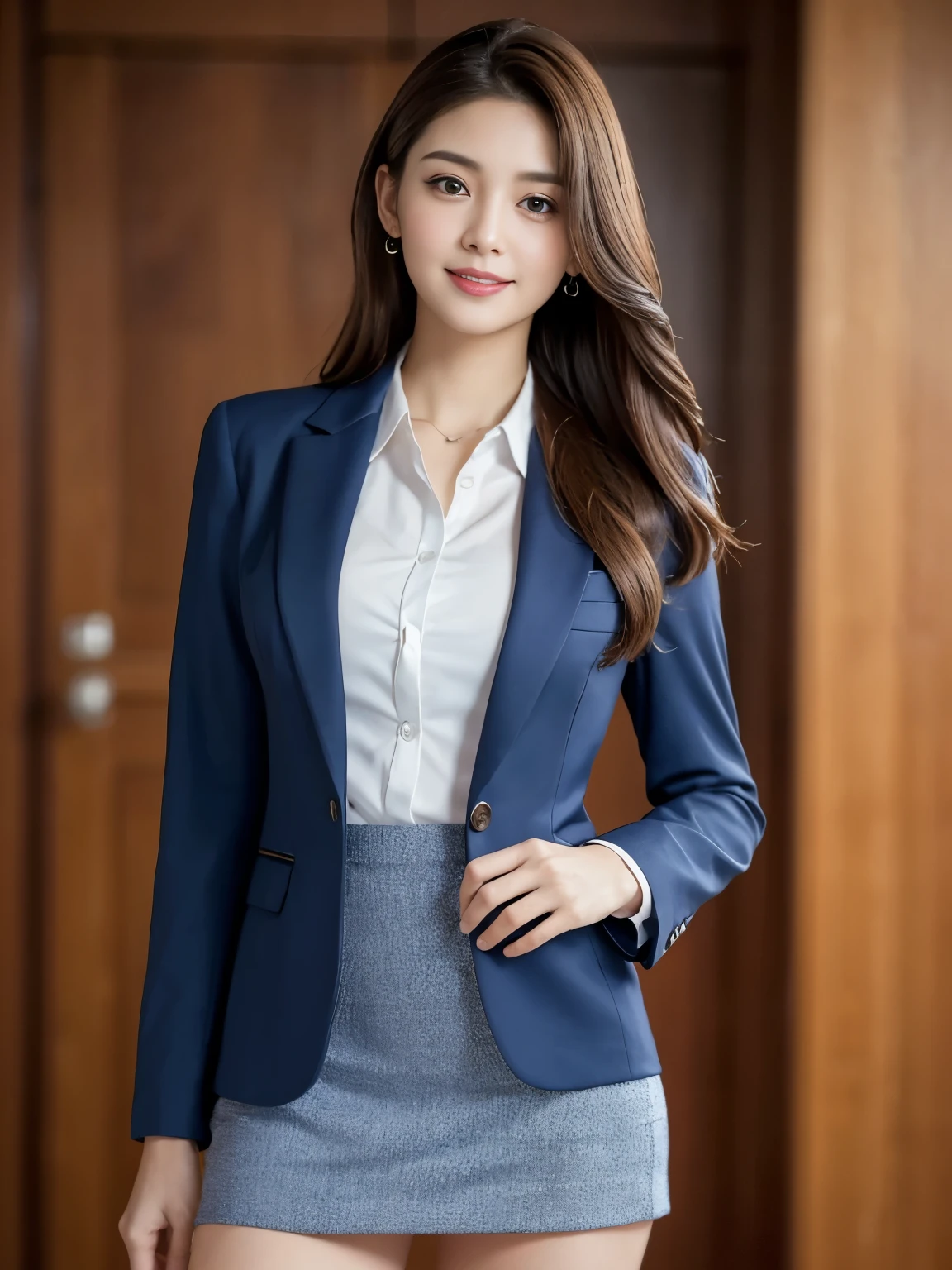 Best quality at best, realistically, ultra - detailed, Detailed pubic hair, A high resolution, 8K wallpaper, 1 Beautiful woman, pink wet lips, light brown messy long hair, Wear a dark blue office suit with short skirt, Perfect dynamic composition, beautiful eyes, Delicate hair, Detailed realistically skin texture, Smiling, closeup portrait, Model body type, background the Hotel reseption, blurred background, (full body shot), Shooting from a long distance, (Random body direction),