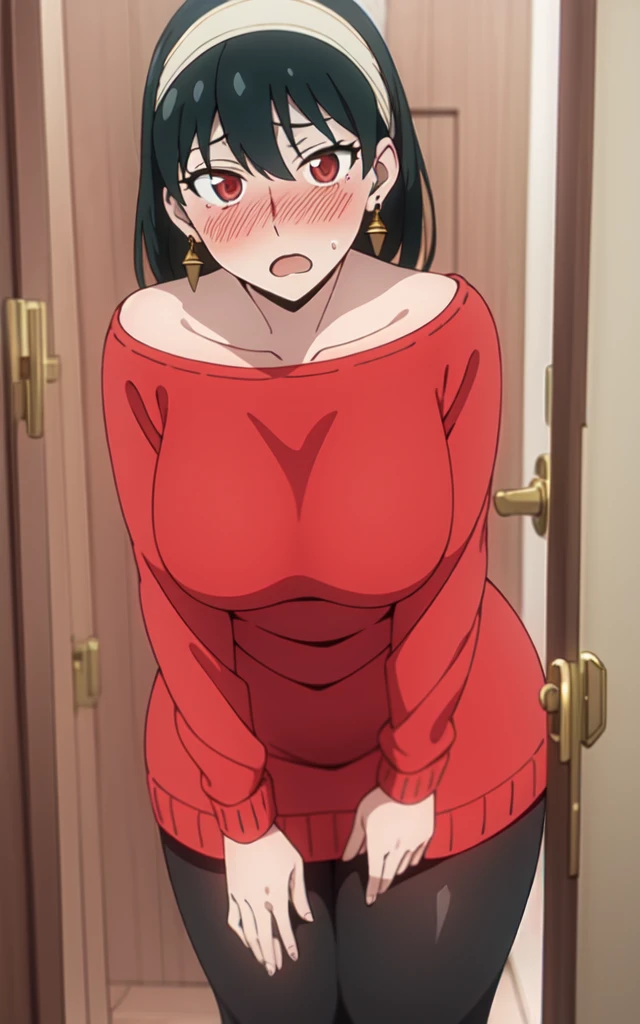 (masterpiece), (best quality), 4k soft lighting, red sweater, off shoulder top, bare shoulder, black see through leggings, hands in lap, white headband, gold earrings, Standing in doorway, mature woman, 36 years old, milf, cleavege, extreme blush, drunk, drunken, leaning forward, drunken yor, anime blush, red face, head tilted to side, long sleeve, woozy, tipsy, top down, downblouse, large hips, thick thighs, shocked, wide eyes, mouth open wide,