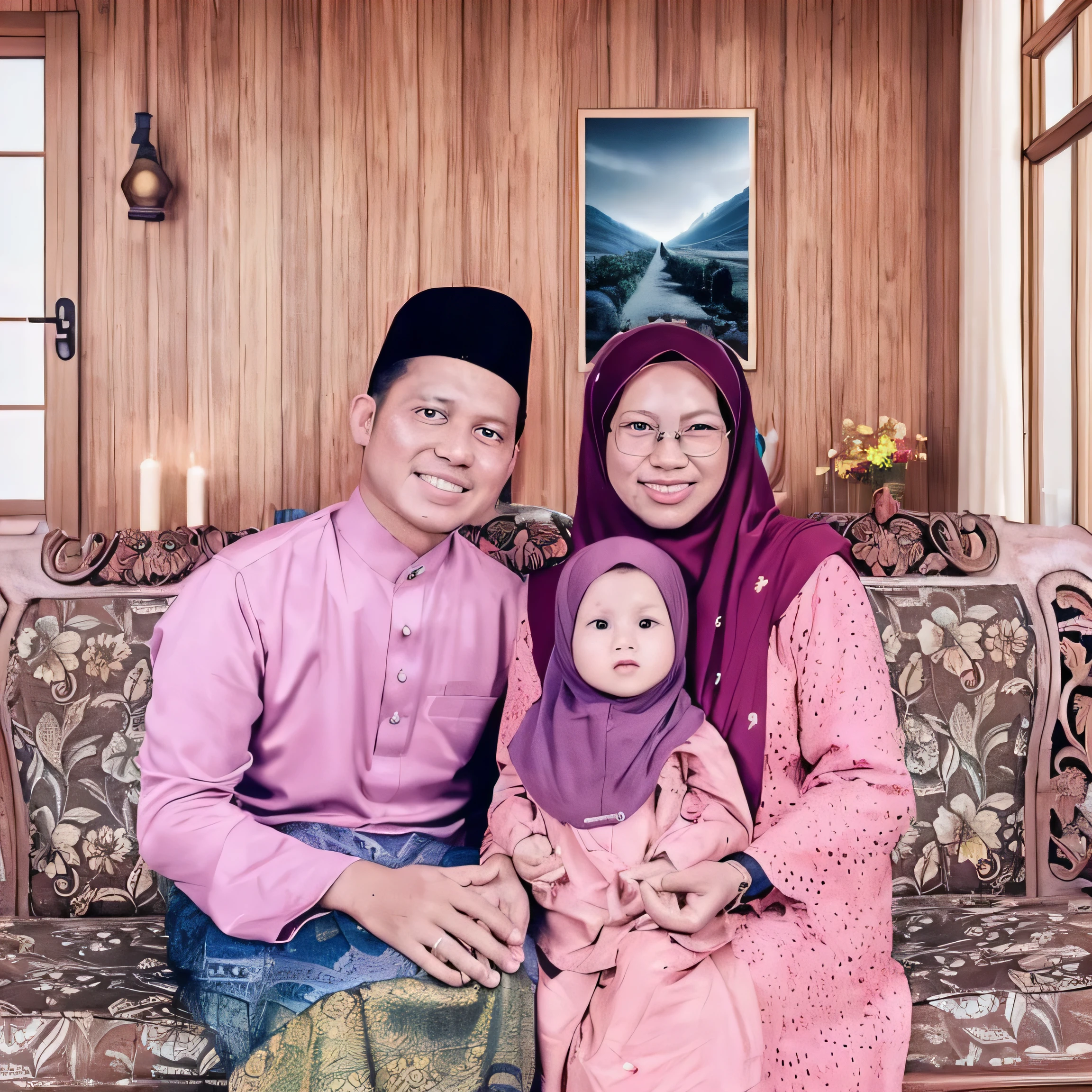 Family portrait photo from Indonesia and Malaysia, minimum cartoon effect.