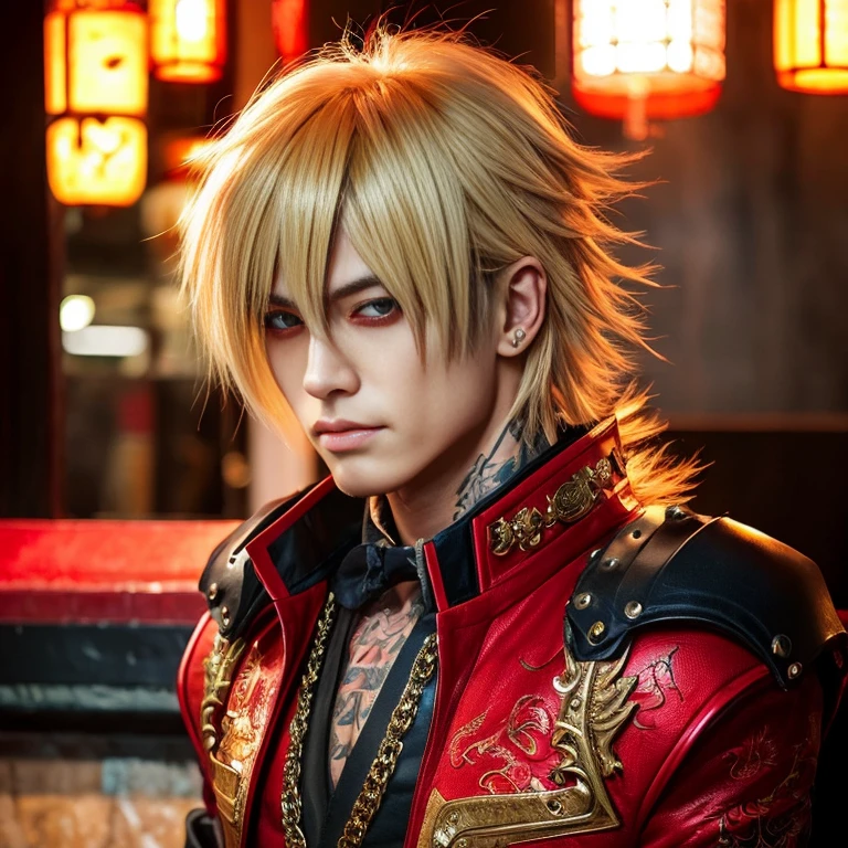 1 man, Japanese man, male, Asian eyes, muscular, broad shoulders, dragon tattoos, hairstyle Visual Kei style, hair Visual Kei, outfit VisualKai, ultra detailed face and eyes, hyperrealistic, realistic representation, shoulder length hair, 30 years old, age 30 years, blond, blonde hair