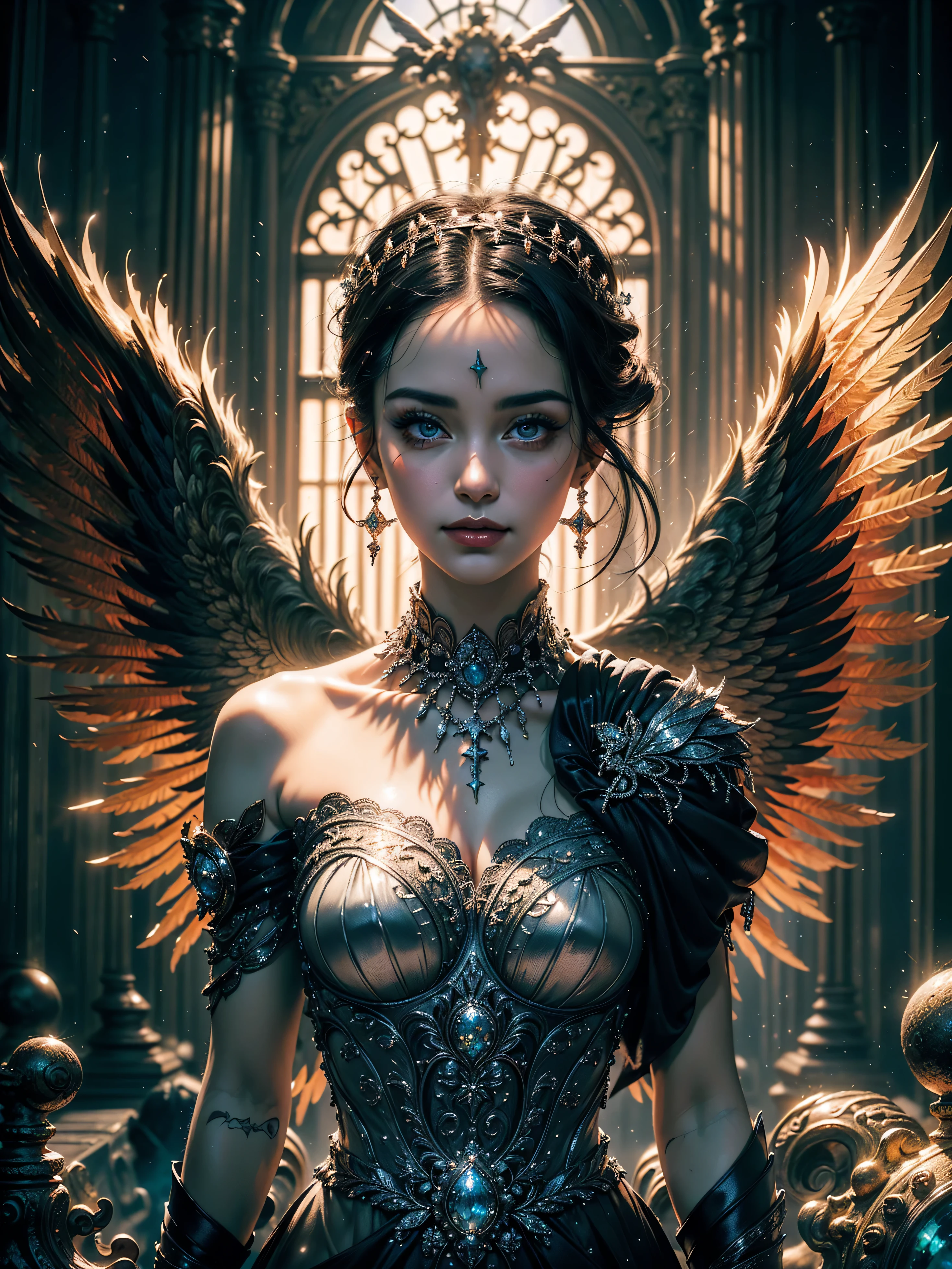 ((best qualtiy)), ((tmasterpiece)), ((Realistis)), (A detailed), (realisticlying:1.5),illusory engine, (High detail: 1.9),(femele:1.4),(big breasts beautiful: 1.4),(carismatic:1.3), (Large breasts), Bat wings,beuaty girl,beauitful face, looking at viewert, dynamicposes, The background is a starry sky,Starcloud,solar eclipse,mystic symbols,crosses,The eye,火焰,hdr, Ray traching, NVIDIA RTX, Hyper-Resolution, Unreal 5, sub surface scattering, PBR textures, Post-processing, Anisotropic filtering, depth of fields, Maximum clarity and sharpness, trichotomy,8K original,(Luminous Particle:1.4),(VerydetailedCG,Unity 8k壁纸,cinmatic lighting,lens flare glow),Reflectors,Sharp focus,black toga,Raised sexy