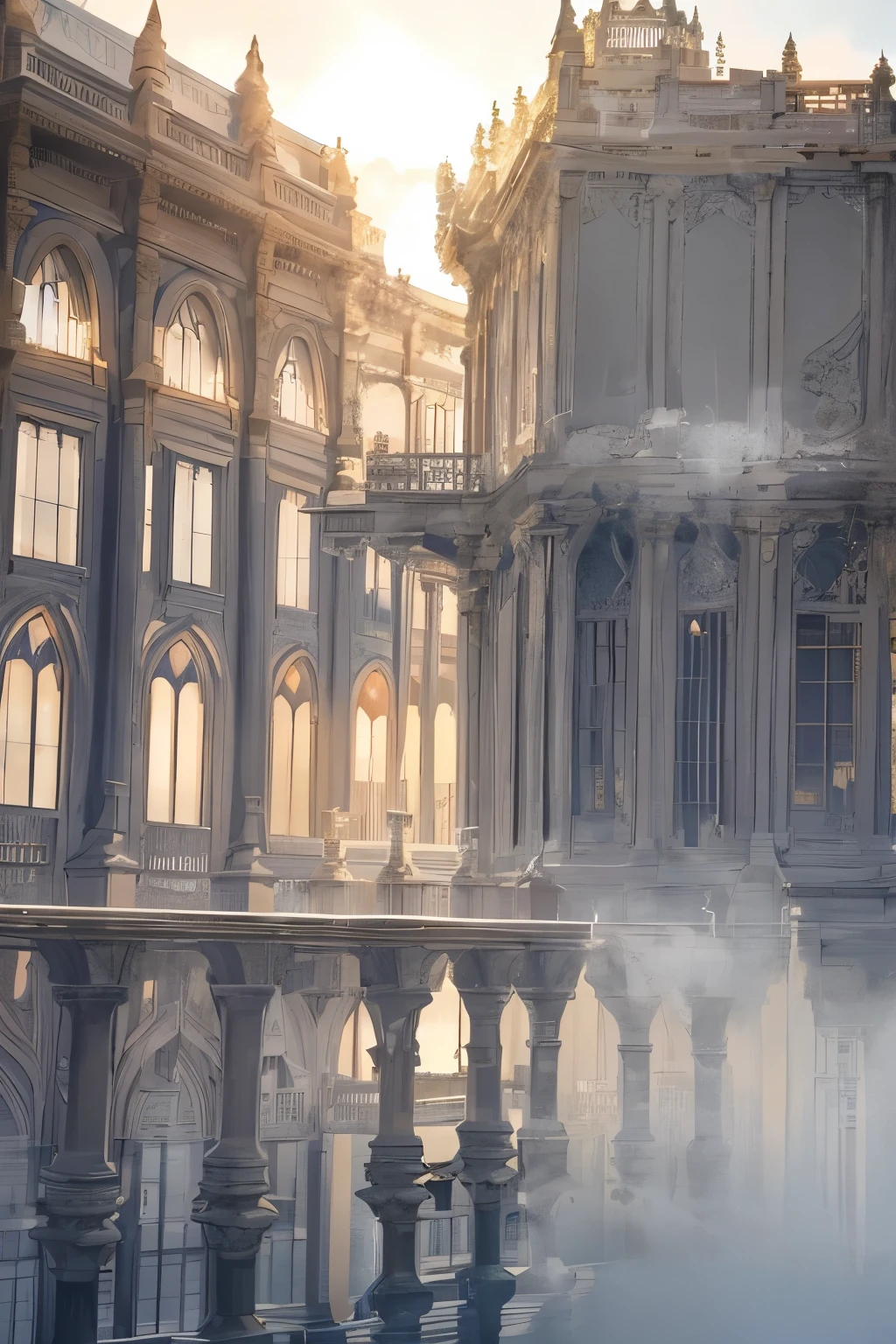Amidst the scenic coastline, a magnificent white house perched atop a hill presents itself. The Steam-era architectural aesthetic is prominently displayed through its ornate details and intricate designs. The house, bathed in the soft glow of the setting sun, emanates an aura of elegance and grandeur. The gentle steam rising from the surrounding sea adds a touch of mystique and tranquility to the scene. The pristine white exterior, reflecting the golden hues of the sun, illuminates the secluded shoreline, transforming it into a captivating masterpiece.