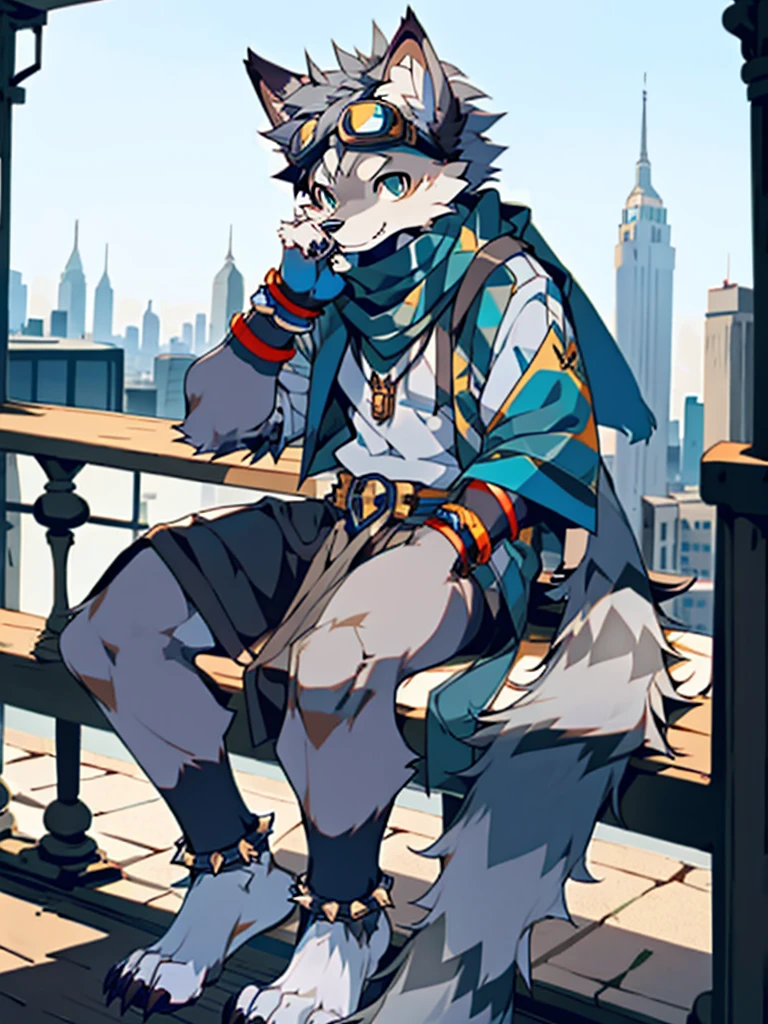Furry, teenager, raccoon, grey hair, long spiked ponytail, Detailed body fur, long blue scarf, Black loincloth, goggles, masterpiece, gray body hair, Detailed face, big eyebrows, detailed eyes, sitting down, Detailed body, No muscles, city skyline, Detailed hands, Flat body, glistening body, Skinny, Claws have three toes, Detailed paws, metal cuffs on wrists, metal cuffs on ankles,