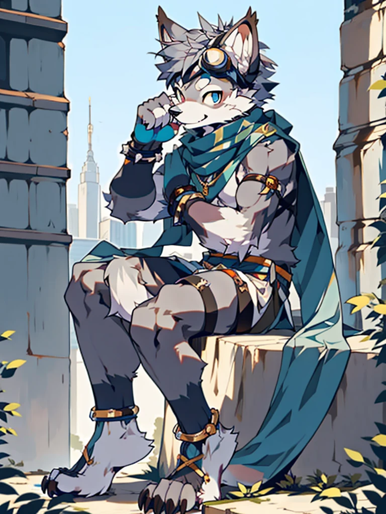 Furry, teenager, raccoon, grey hair, long spiked ponytail, Detailed body fur, long blue scarf, Black loincloth, goggles, masterpiece, gray body hair, Detailed face, big eyebrows, detailed eyes, sitting down, Detailed body, No muscles, city skyline, Detailed hands, Flat body, glistening body, Skinny, Claws have three toes, Detailed paws, metal cuffs on wrists, metal cuffs on ankles,