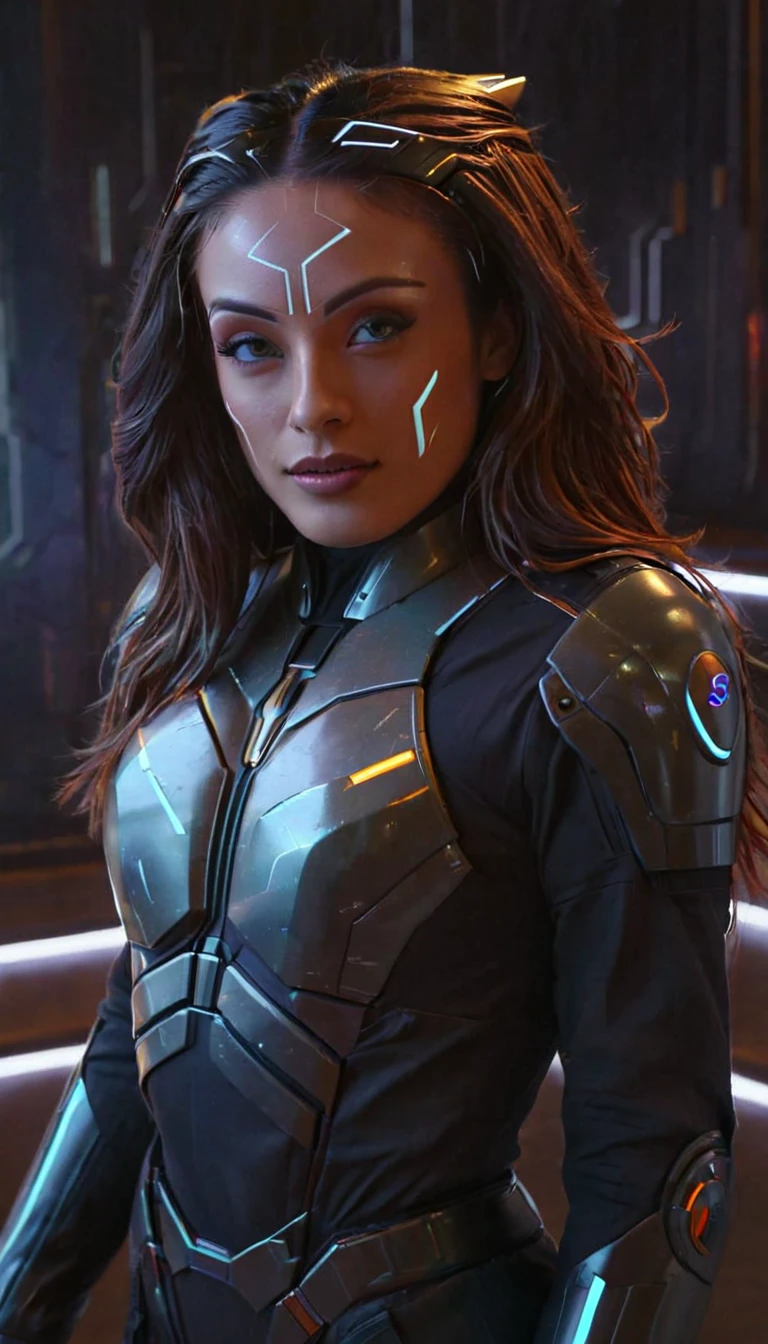 ultra-detailed,vibrant colors,sci-fi,portrait,dramatic lighting,detailed facial features,dark background,long hair,glowing eyes,futuristic clothing,expressionless face,metallic texture,bright highlights,high contrast,radiant colors,artificial intelligence theme,sharp focus,technological elements,shadows and highlights,ethereal glow,neon lights,stormy atmosphere,otherworldly setting,unconventional composition,sharp lines,sleek design,mysterious atmosphere,unearthly beauty,digital enhancements,advanced technology,glowing circuitry,abstract background,ominous presence,subtle reflections,energetic pose,unique perspective,foreshortening effect,symmetrical composition,imposing presence,dynamic energy,striking visual impact,translucent overlays,organic and mechanical fusion.