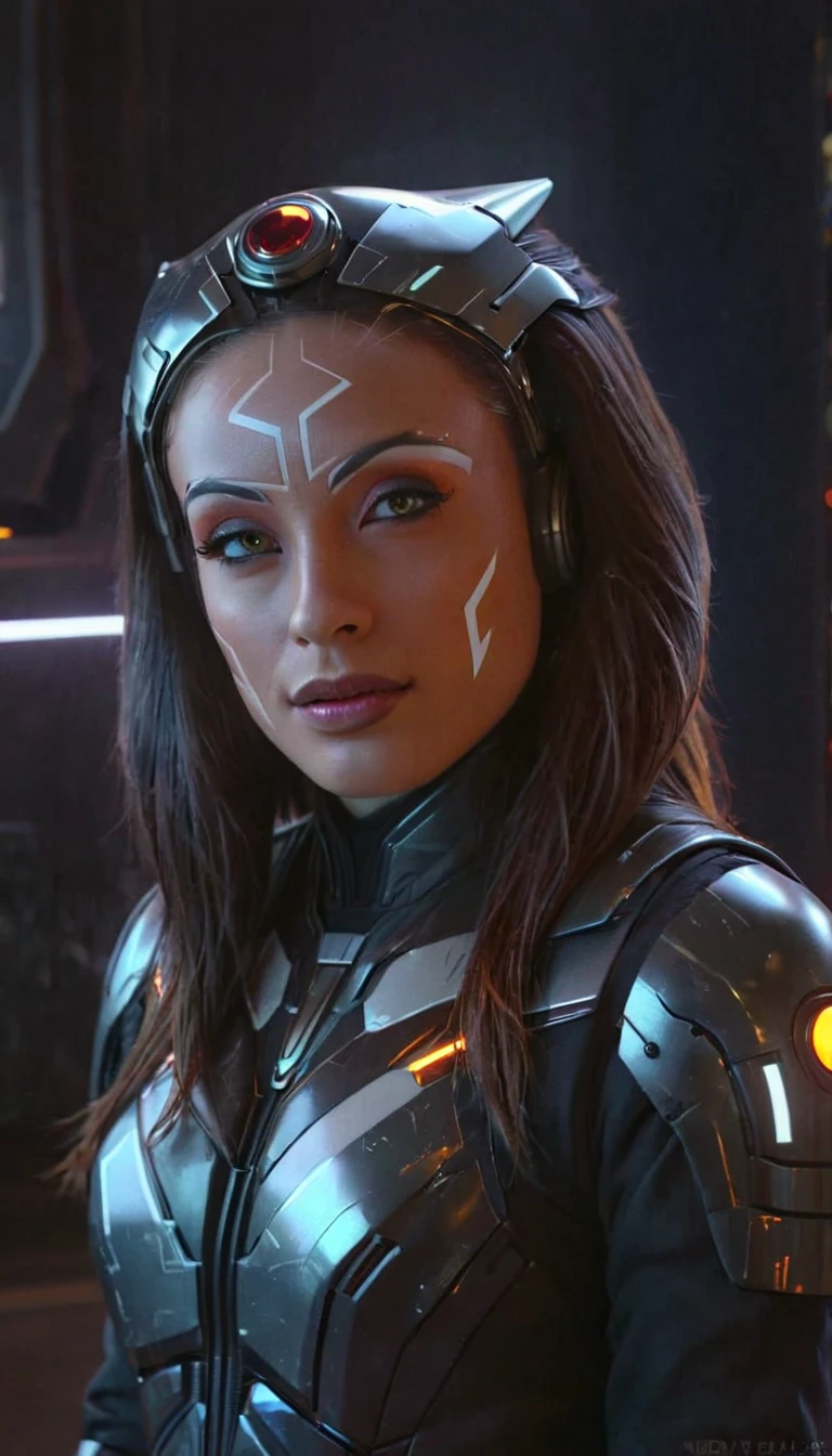 ultra-detailed,vibrant colors,sci-fi,portrait,dramatic lighting,detailed facial features,dark background,long hair,glowing eyes,futuristic clothing,expressionless face,metallic texture,bright highlights,high contrast,radiant colors,artificial intelligence theme,sharp focus,technological elements,shadows and highlights,ethereal glow,neon lights,stormy atmosphere,otherworldly setting,unconventional composition,sharp lines,sleek design,mysterious atmosphere,unearthly beauty,digital enhancements,advanced technology,glowing circuitry,abstract background,ominous presence,subtle reflections,energetic pose,unique perspective,foreshortening effect,symmetrical composition,imposing presence,dynamic energy,striking visual impact,translucent overlays,organic and mechanical fusion.