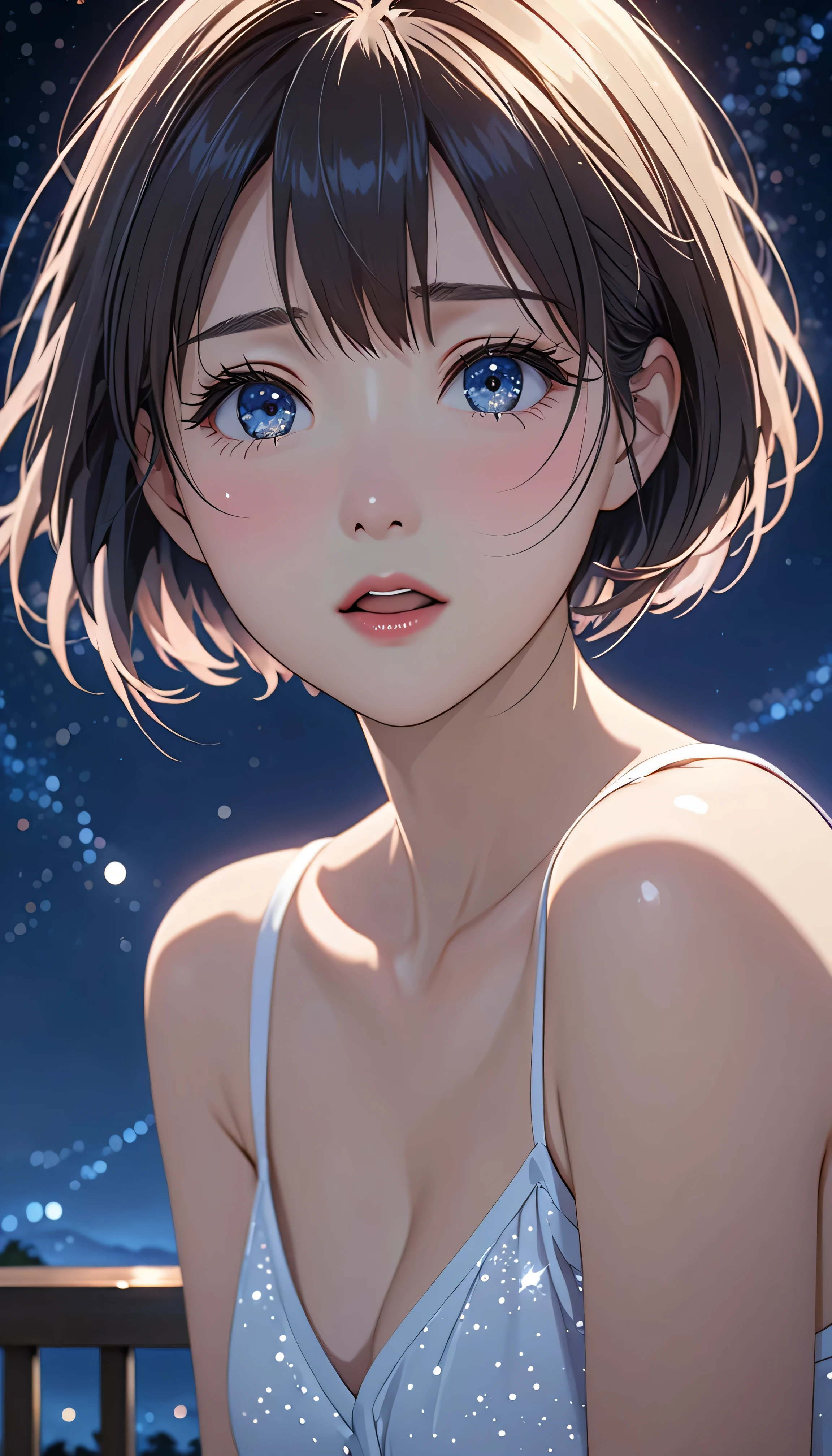 National Science Foundation,masterpiece,High resolution,8K,Art,digit,Three-dimensional,Realism,Kyoto Animation Style,your name movie style,cute,baby face,look into camera,Complex black roses background,(1 female: 1.3),(alone: 1.4),(Upper body nudity),(Huge breasts),Raise your hands,Long eyelashes,Long thin legs,Short Bob,Close-up of upper body,Close-up,Close up,Eyes as deep as the starry sky,blush,shy,cry,(Tears)